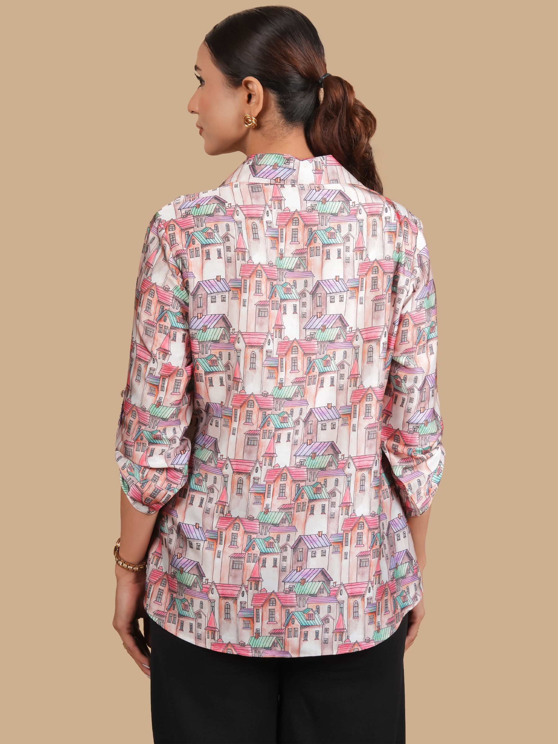 HOUSE PRINT SATIN SHIRT