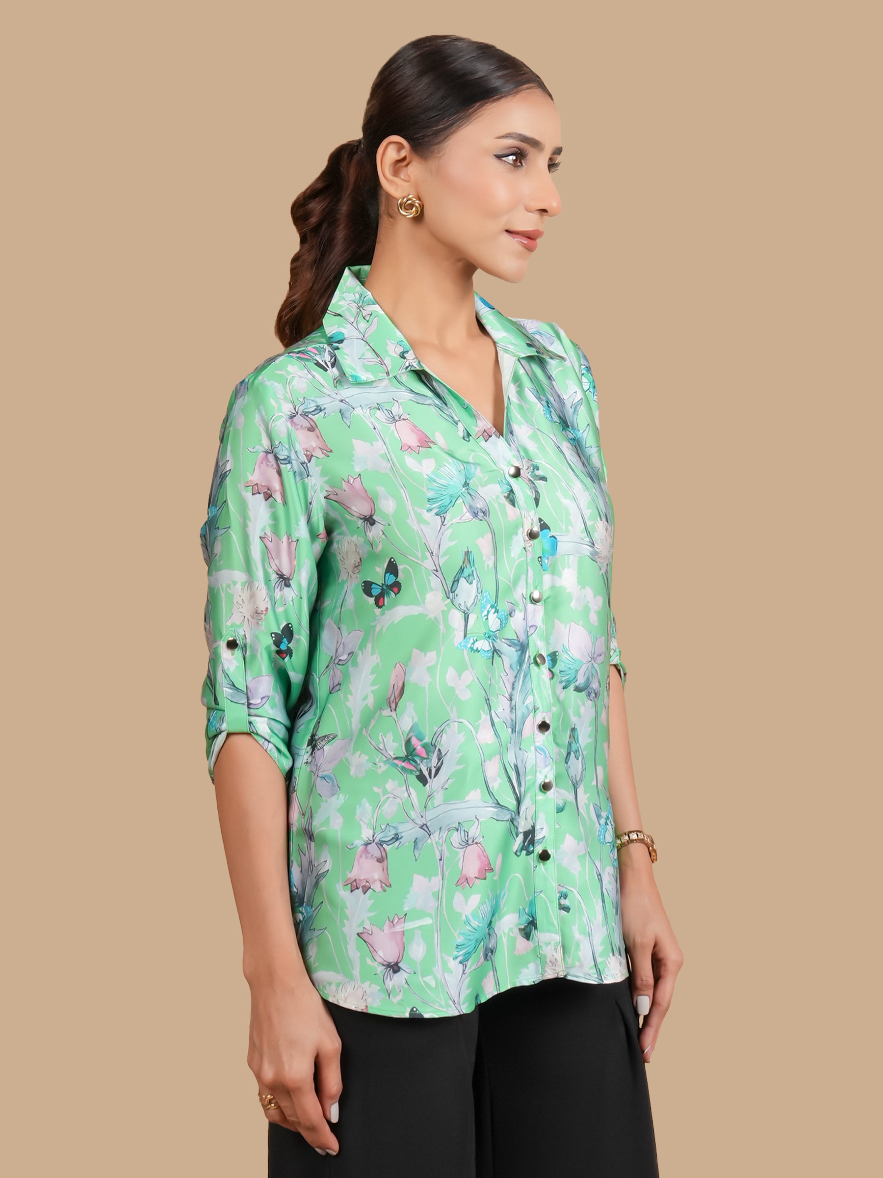 MINT FLORA SATIN SHIRT