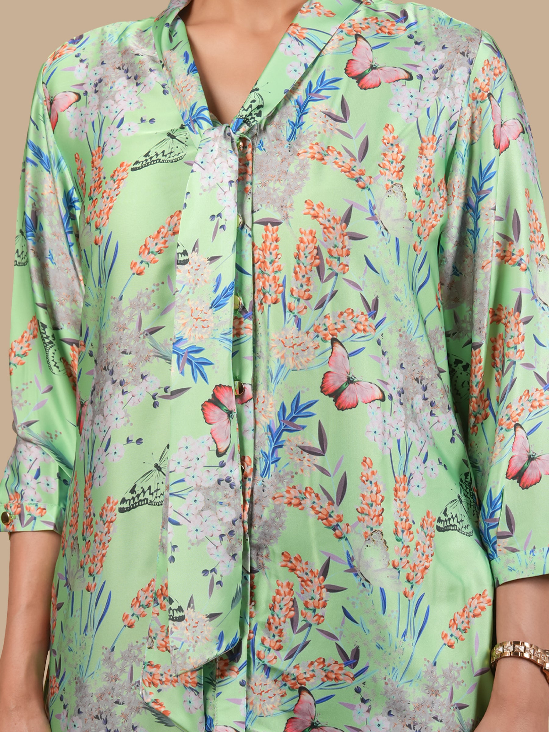 FRONT TIE PRINTED  SATIN TEAL SHIRT