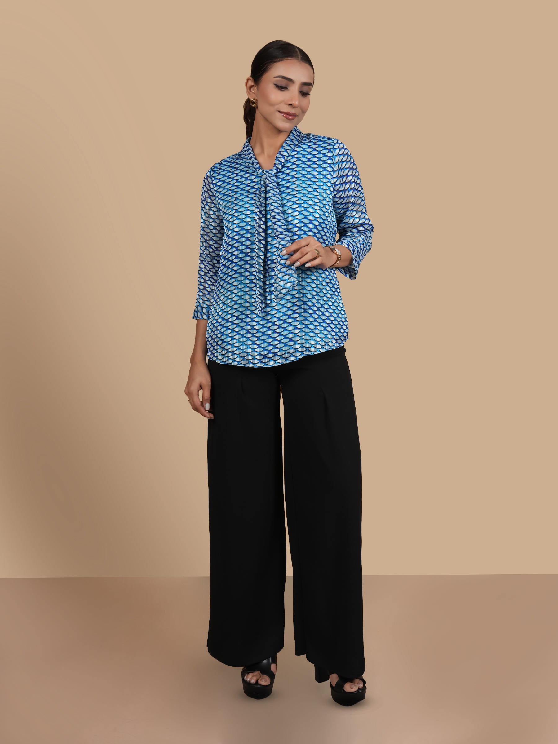 FRONT TIE GEOMTRICAL PRINT AQUA  TOP