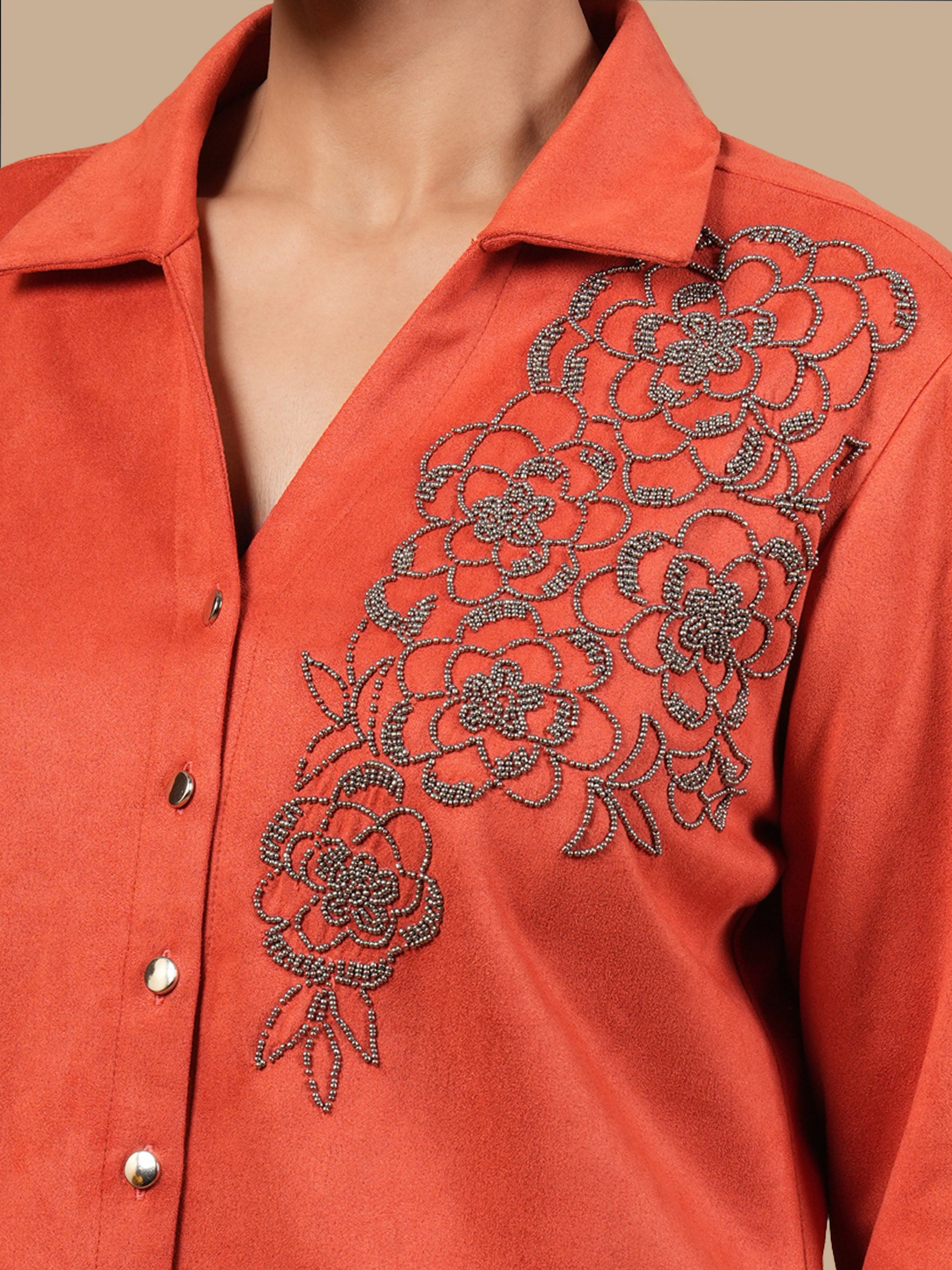 "EMBELLISHED ROSE BEAD SUEDE RUST SHIRT"