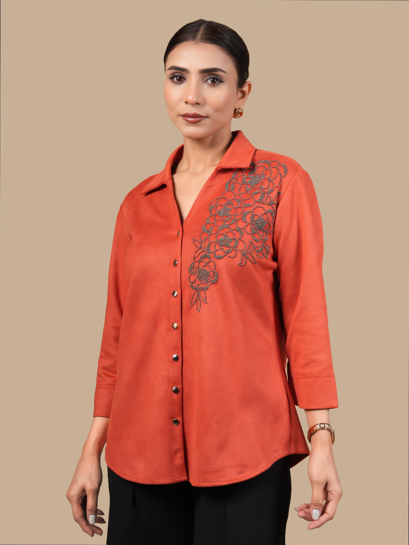 "EMBELLISHED ROSE BEAD SUEDE RUST SHIRT"