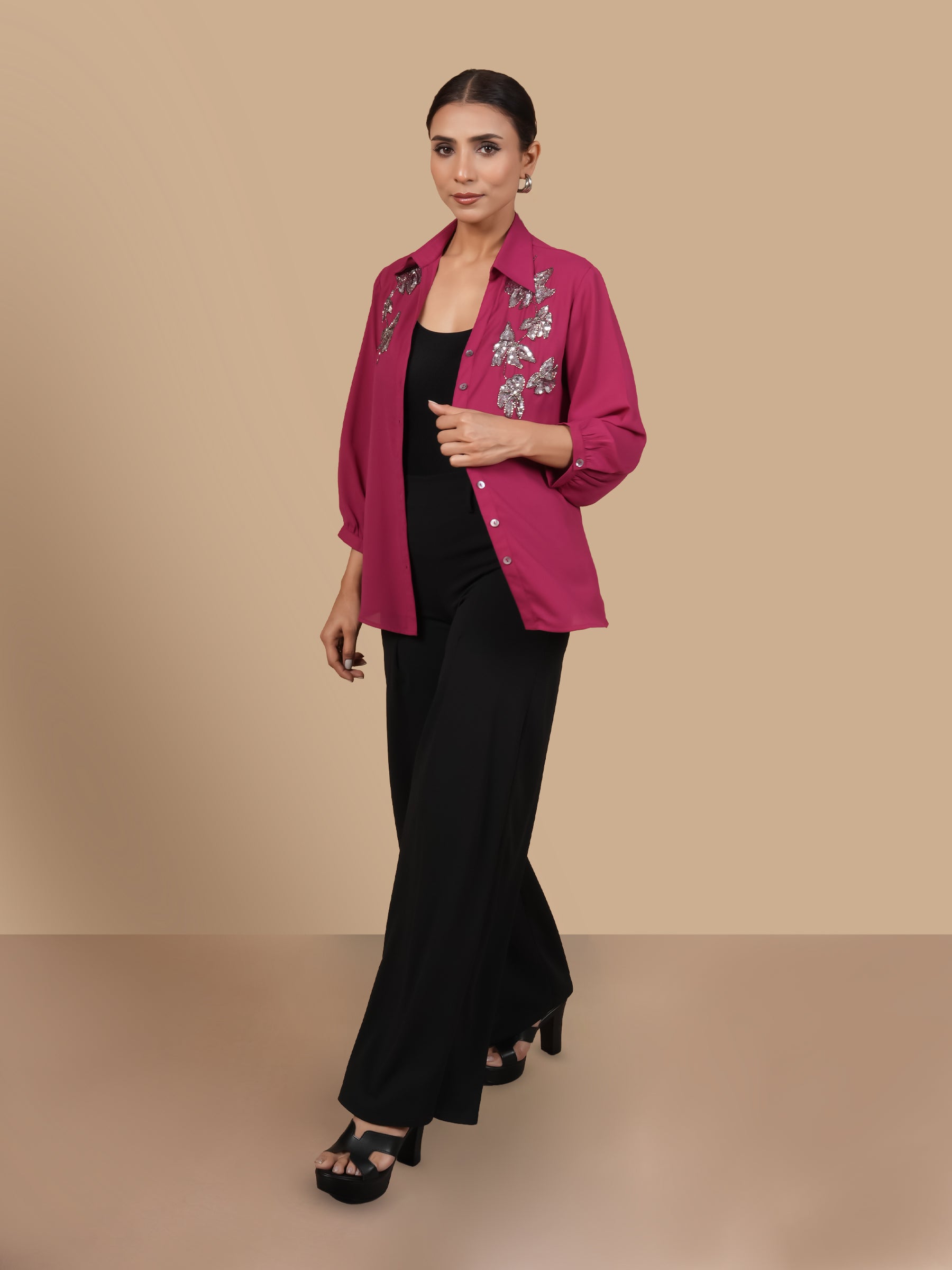 BUTTERFLY SEQUINS  WINE SHIRT