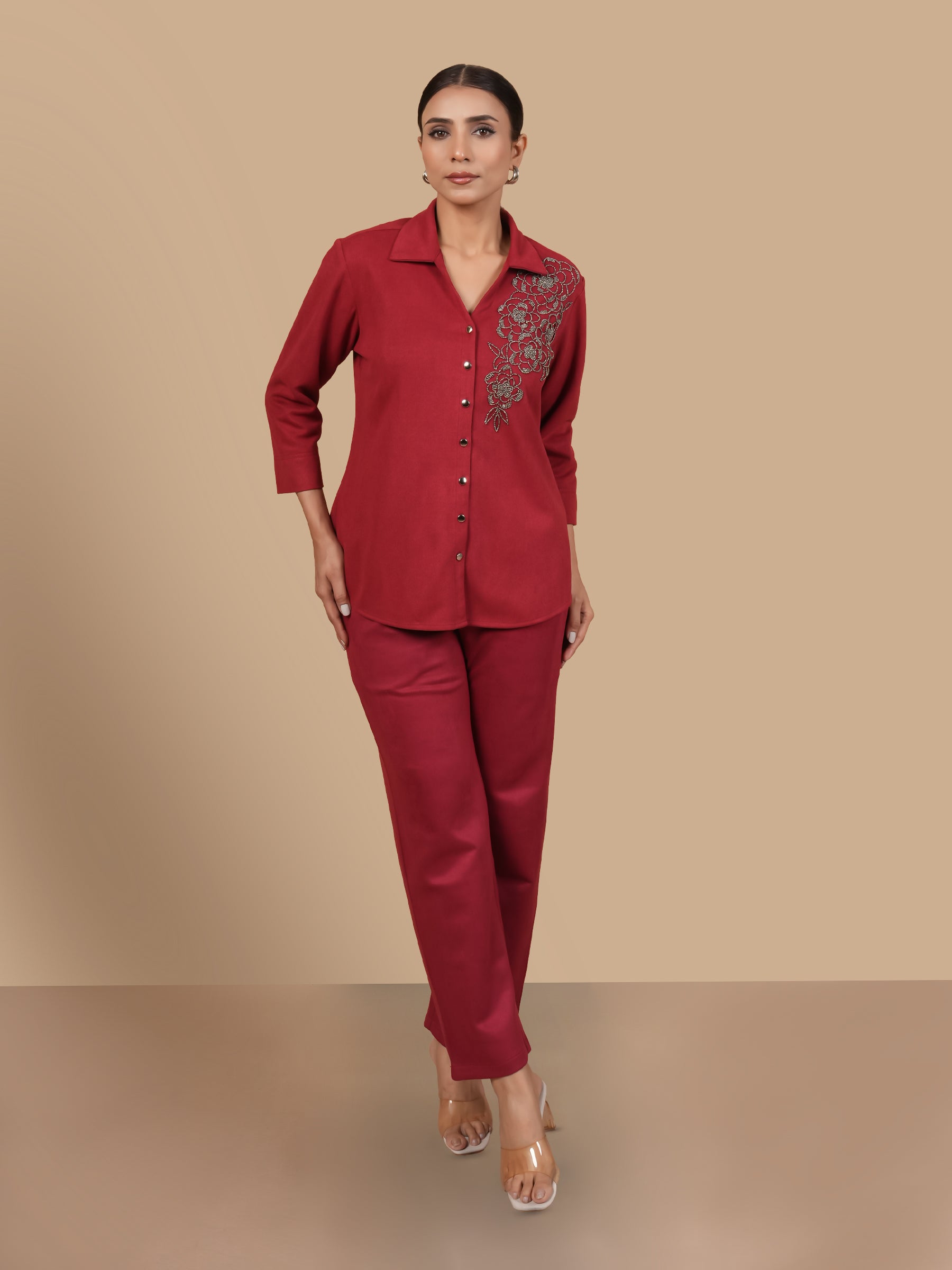 ROSE BEADED SUEDE  RED COORD SET