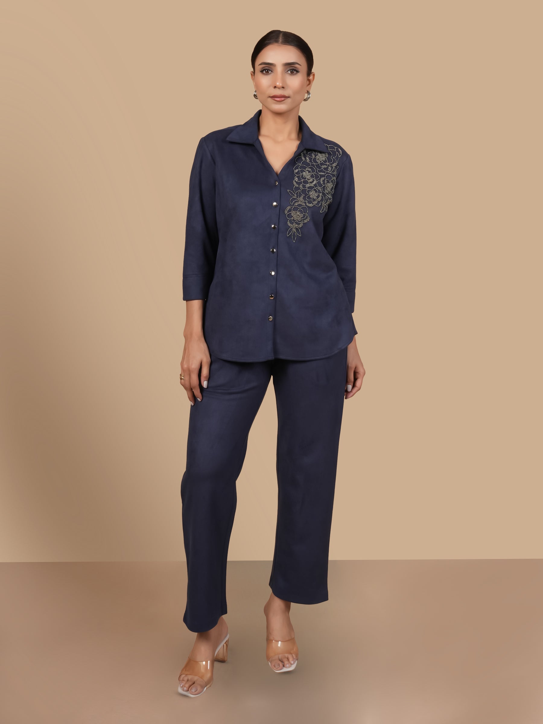 ROSE BEADED SUEDE  NAVY COORD SET