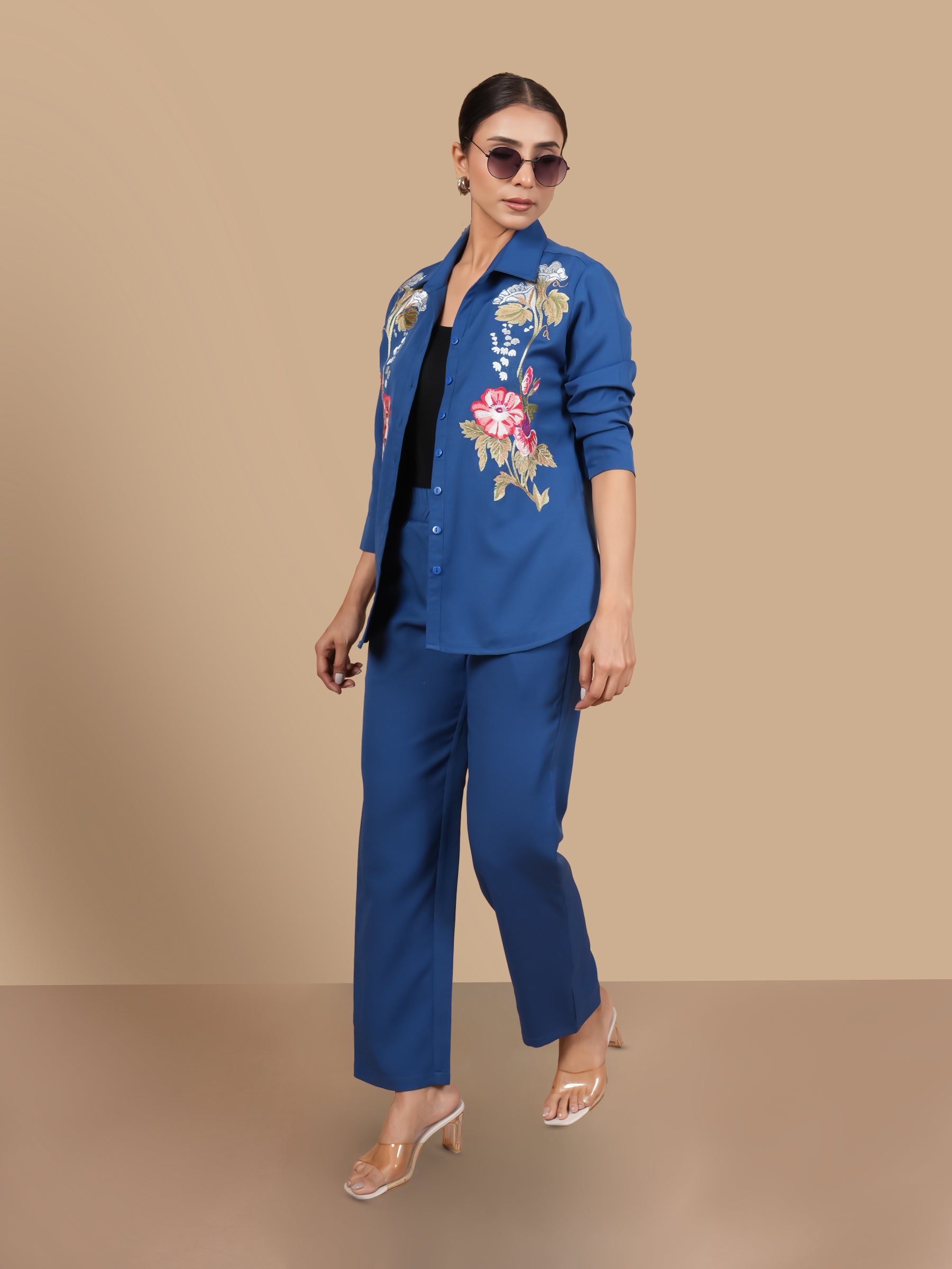 THREE LEAF EMBROIDERED  BLUE COORD SET