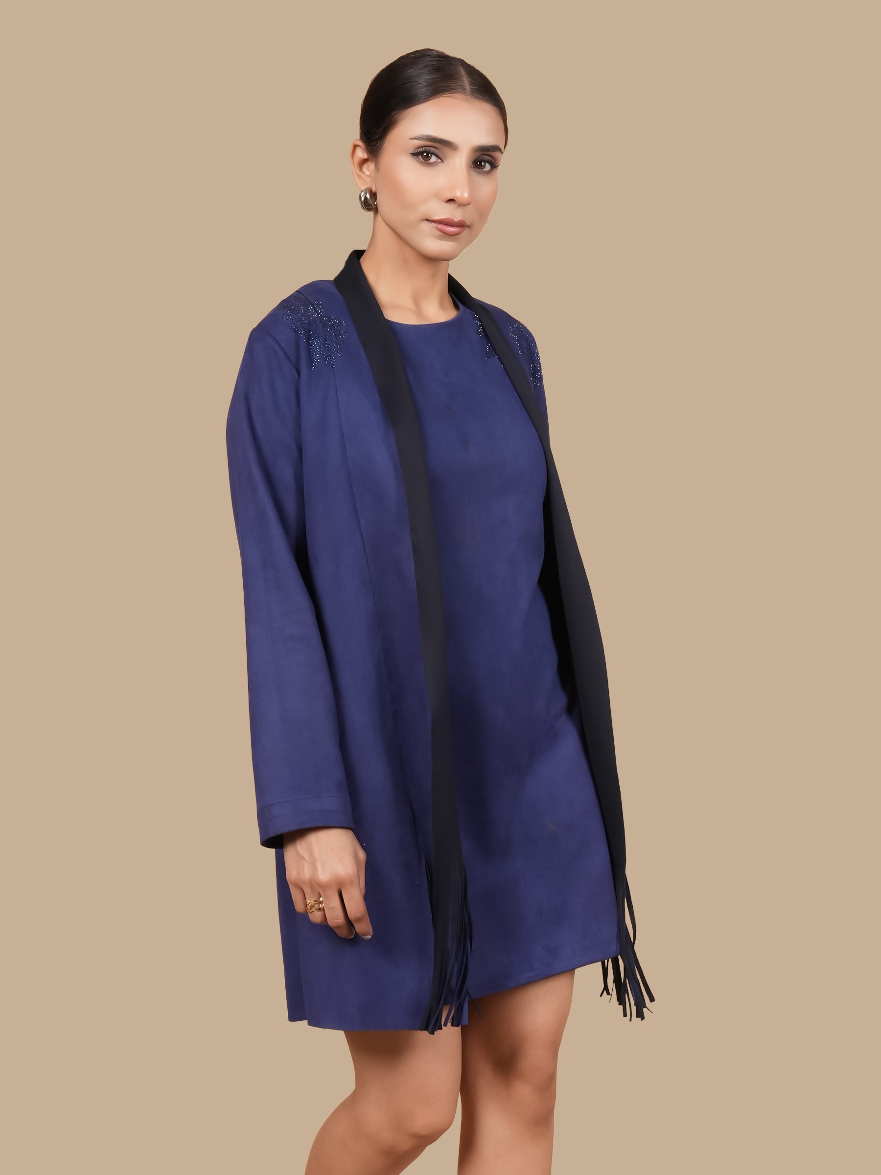 FRINGE SWAROSVKI NAVY  SHRUG