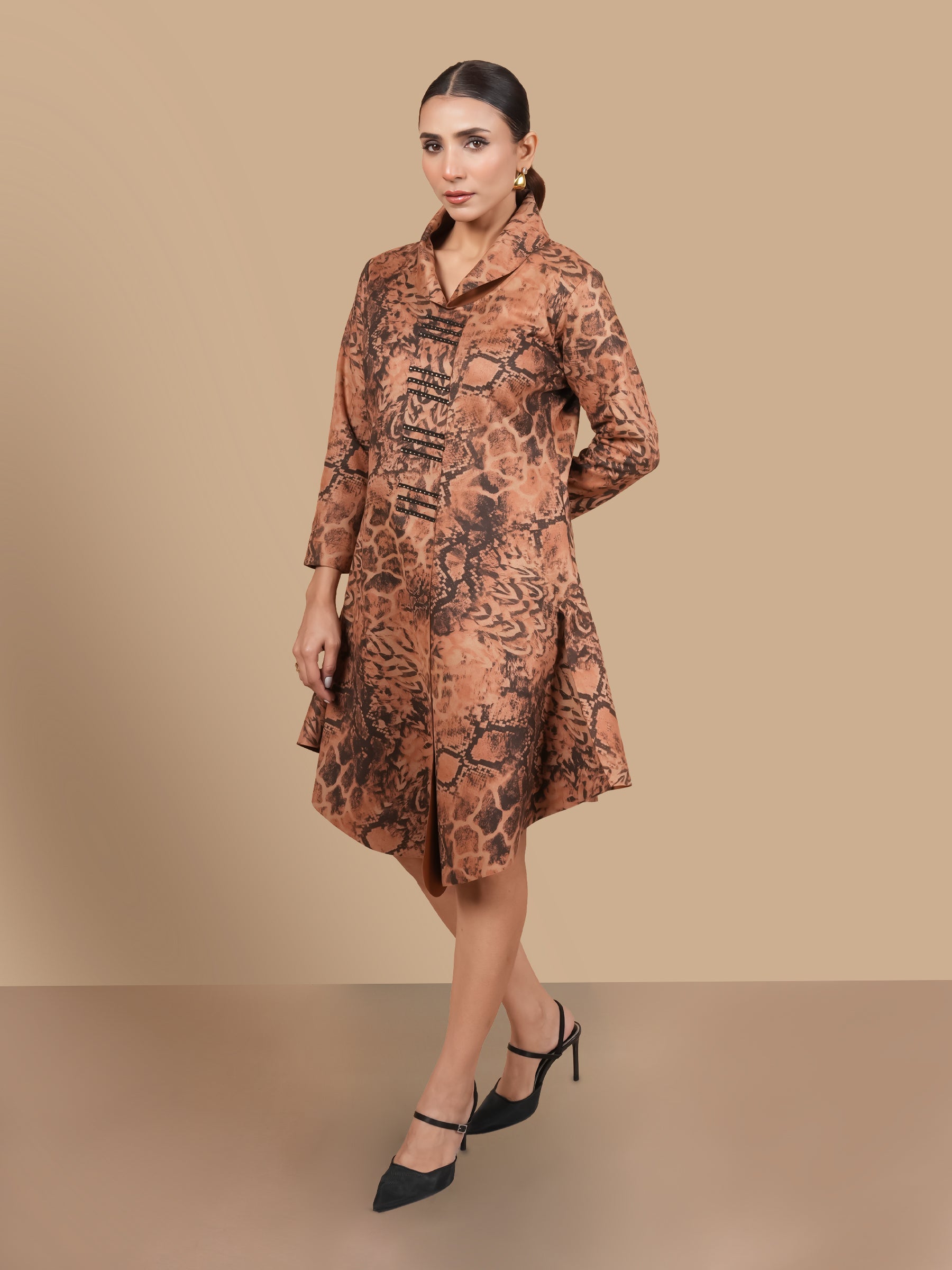 SWAROSVKI COBRA PRINT  TAN SUEDE DRESS