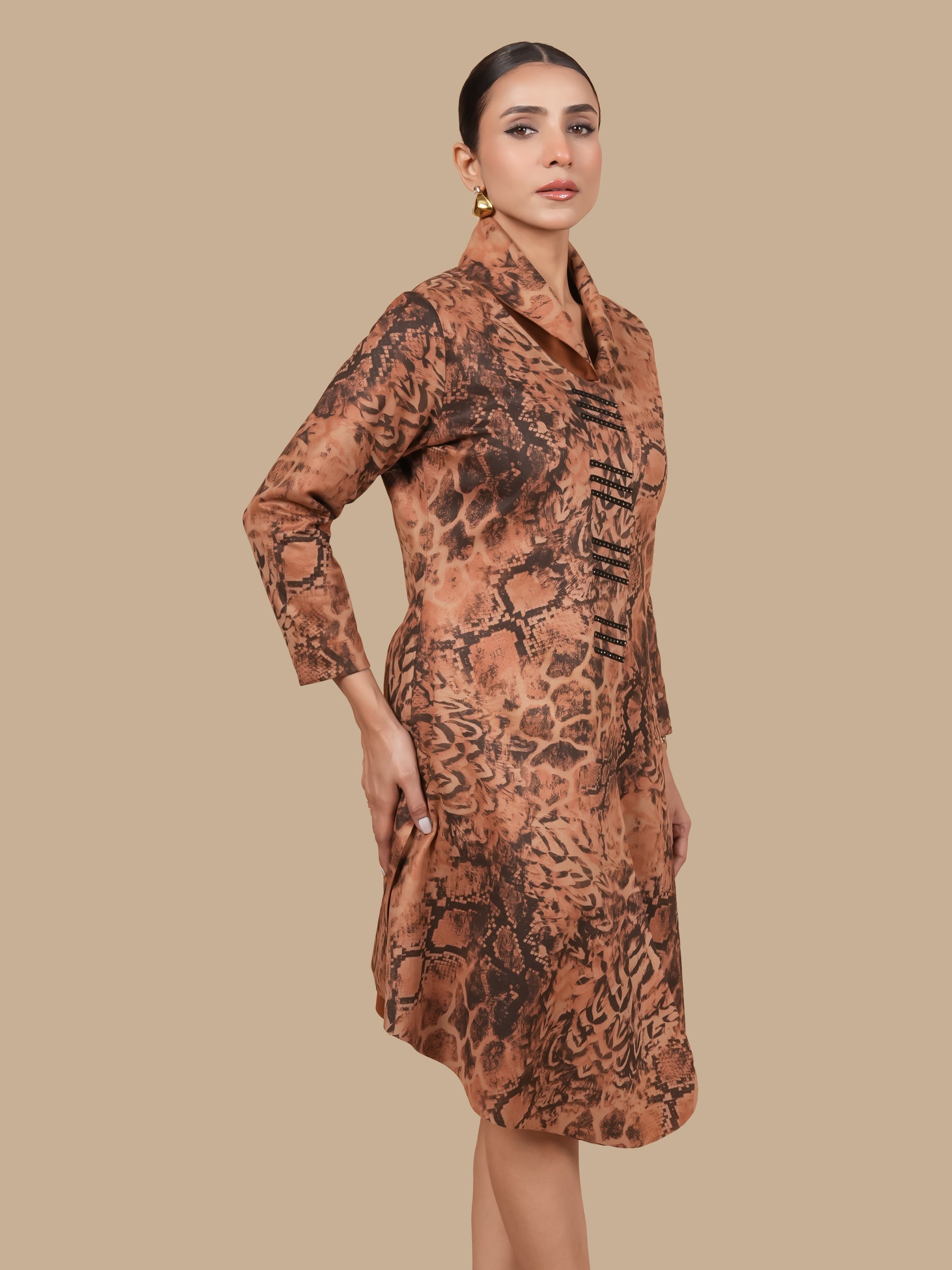 SWAROSVKI COBRA PRINT  TAN SUEDE DRESS