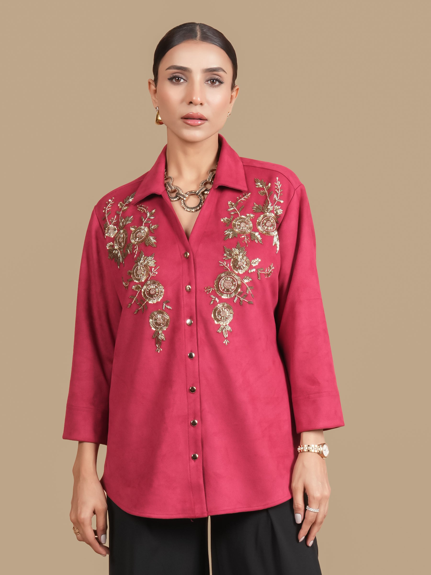 FLORAL SEQUINS RED SHIRT