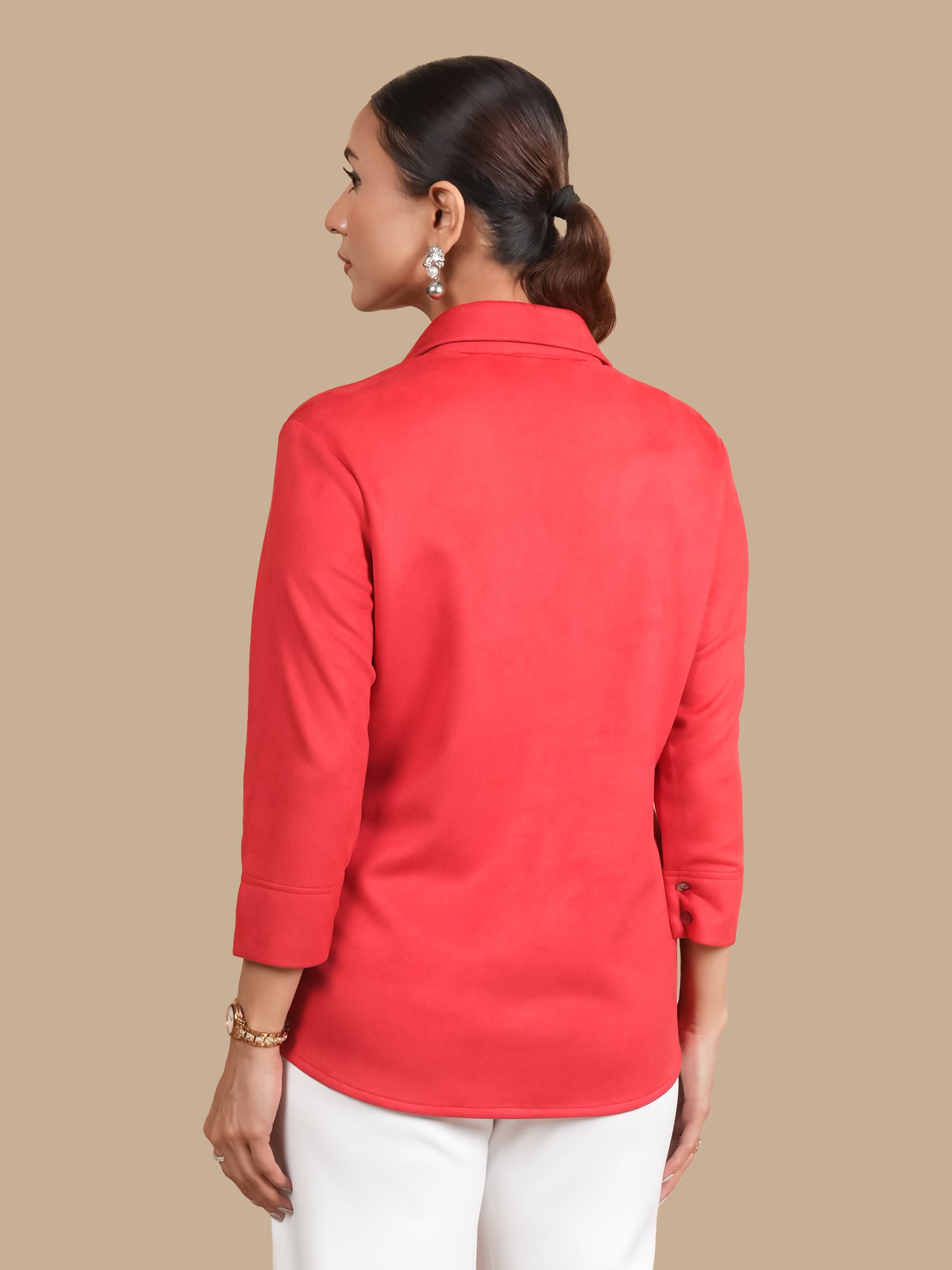 MULTI FLOWER EMBROIDERY RED SUEDE SHIRT