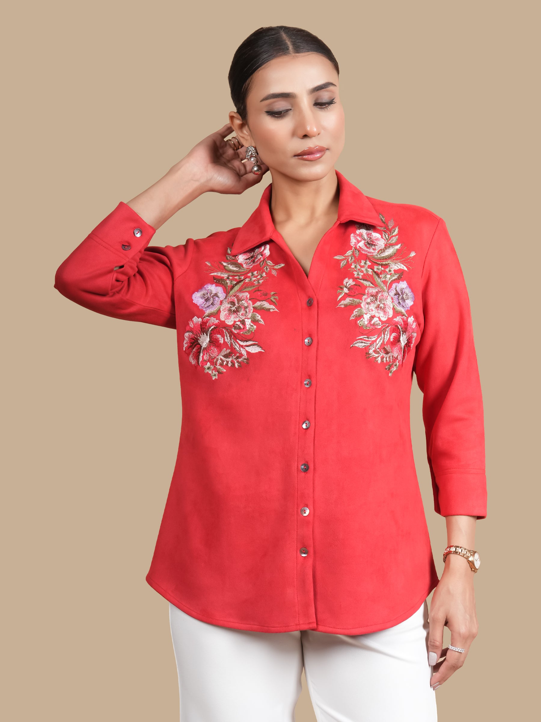 MULTI FLOWER EMBROIDERY RED SUEDE SHIRT