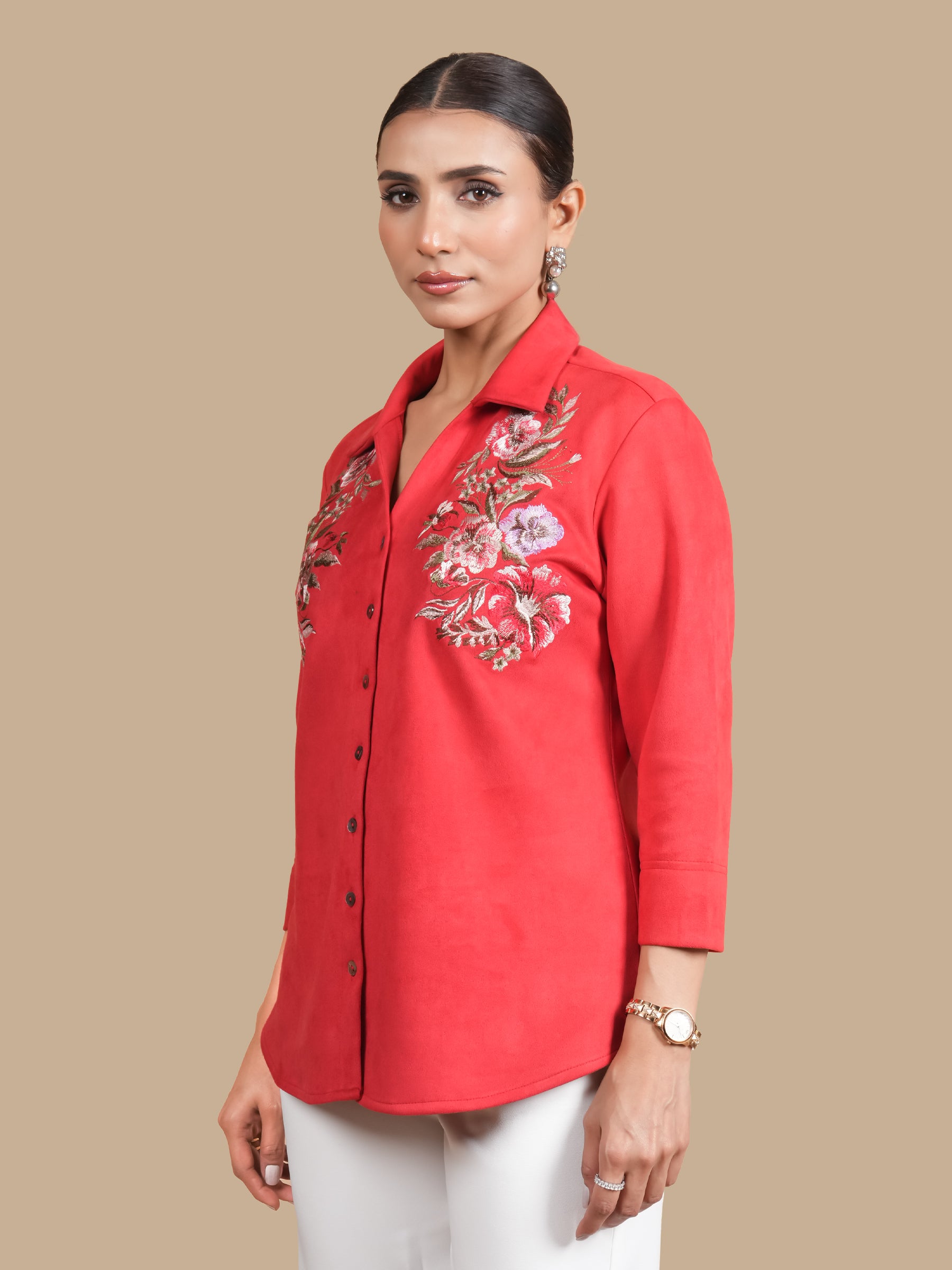 MULTI FLOWER EMBROIDERY RED SUEDE SHIRT