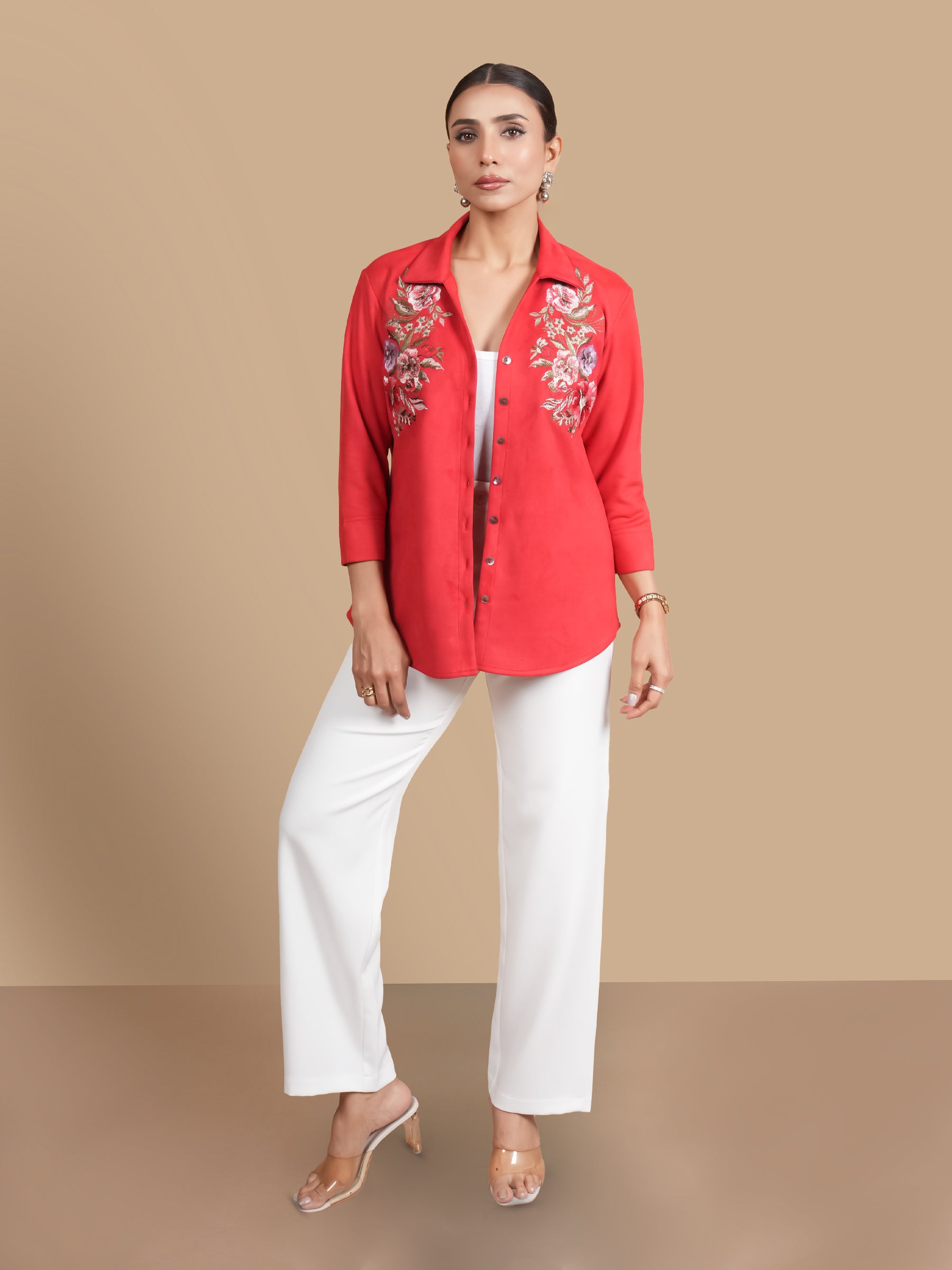 MULTI FLOWER EMBROIDERY RED SUEDE SHIRT