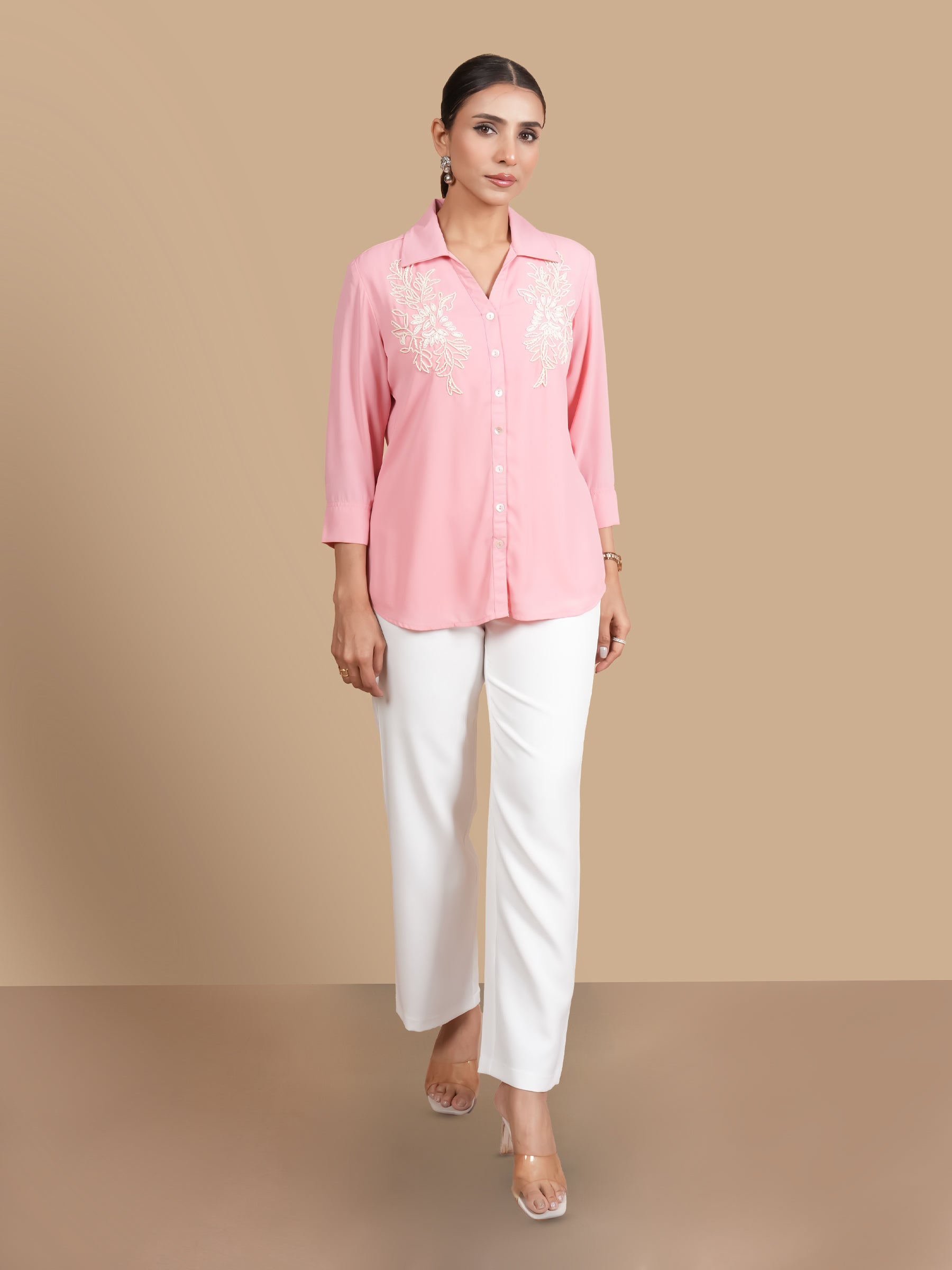 WHITE BEAD EMBELLISHED PINK SHIRT