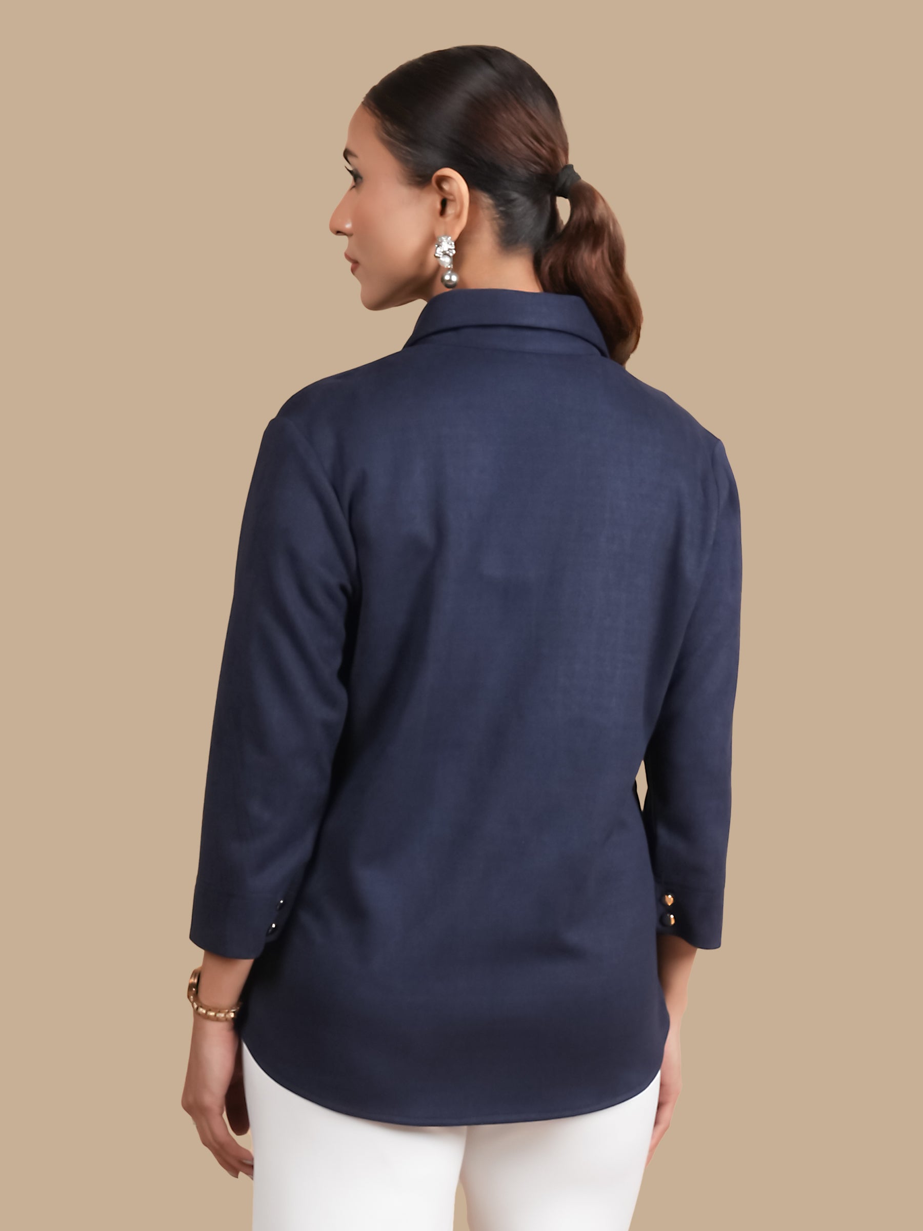 SWAROVSKI PINTUCK NAVY SUEDE SHIRT