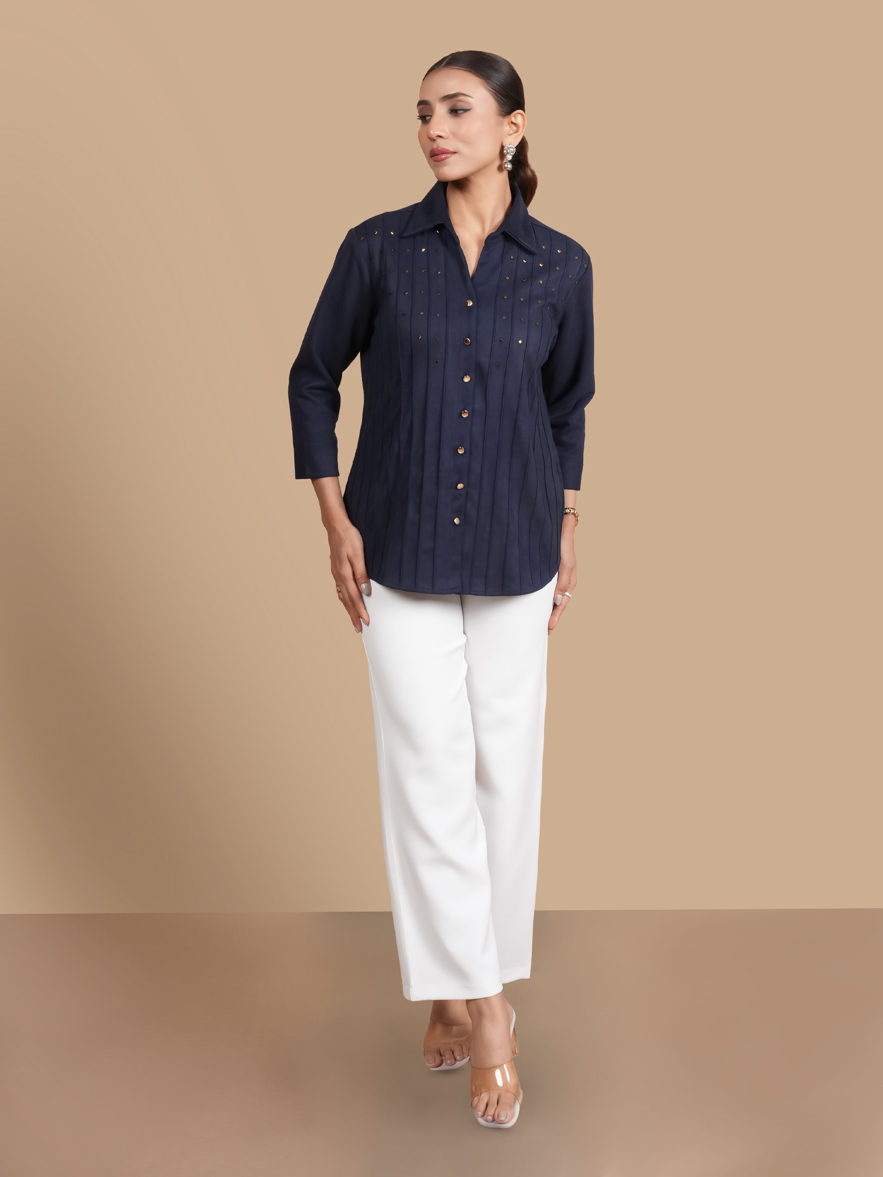 SWAROVSKI PINTUCK NAVY SUEDE SHIRT