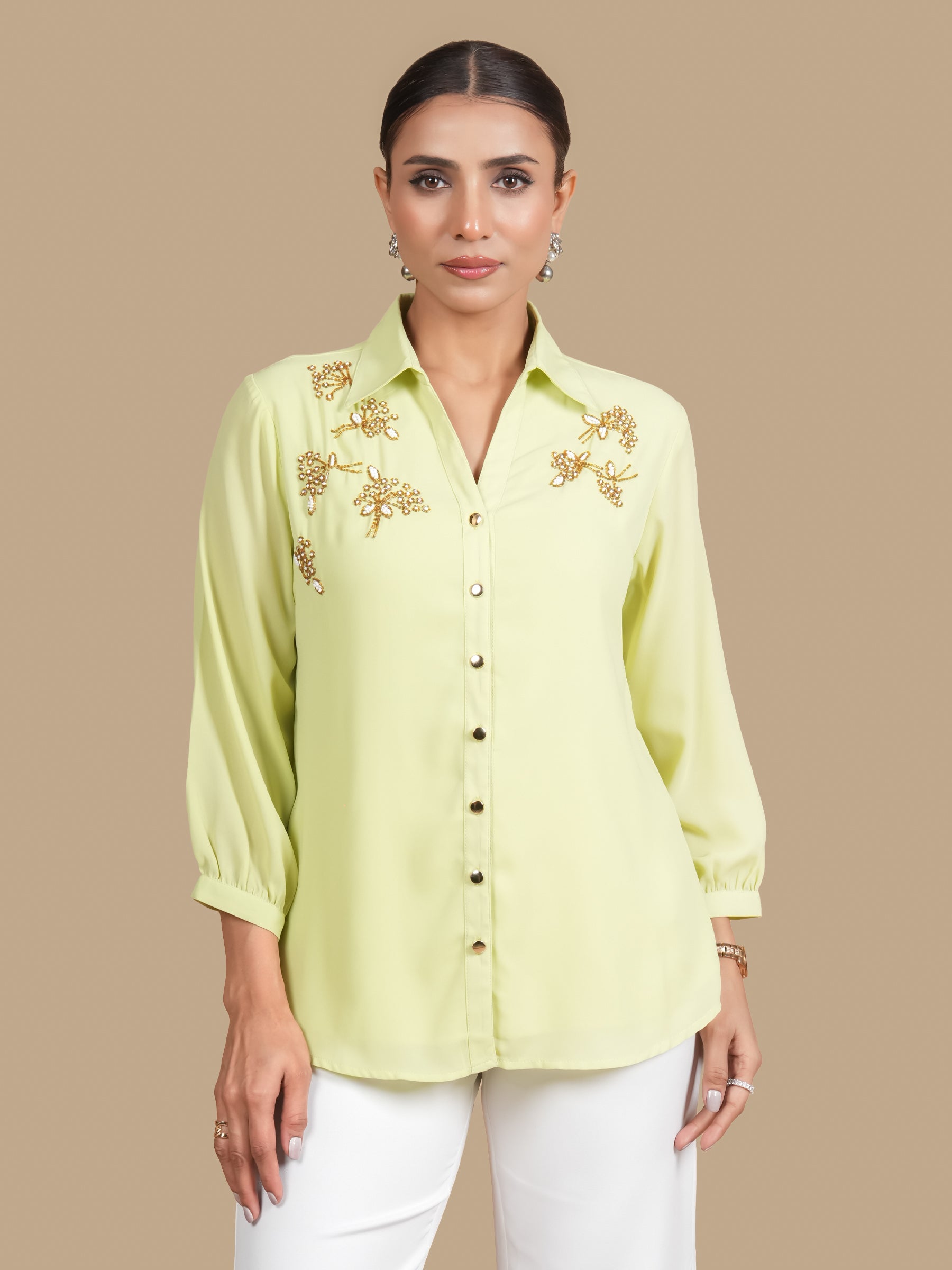 WHITE AND GOLD  EMBELLISHED SHIRT