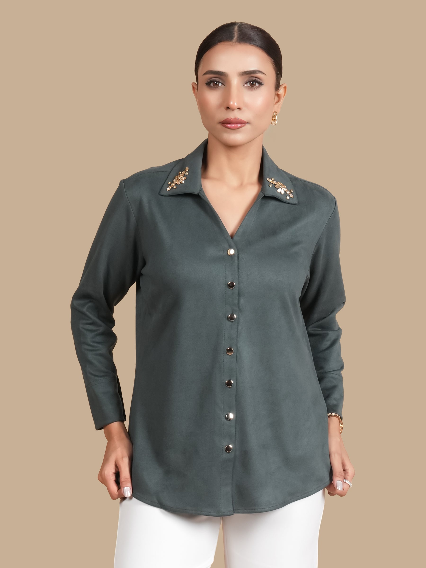 RHINESTONE COLLAR  BOTTLEGREEN SHIRT