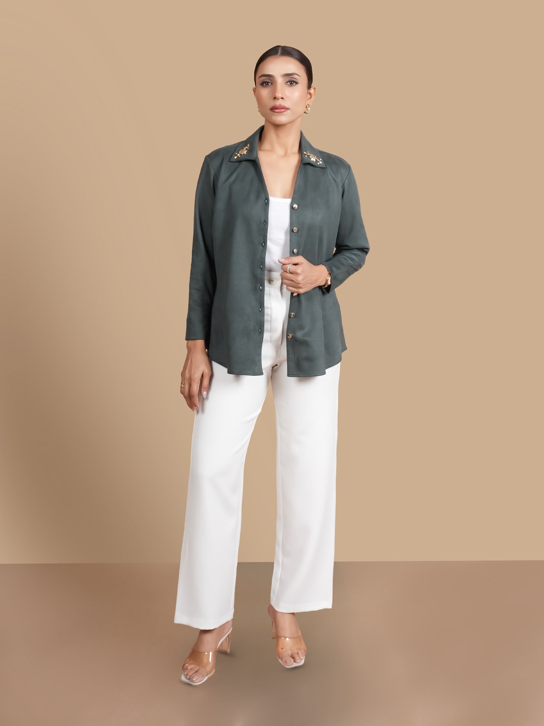 RHINESTONE COLLAR  BOTTLEGREEN SHIRT