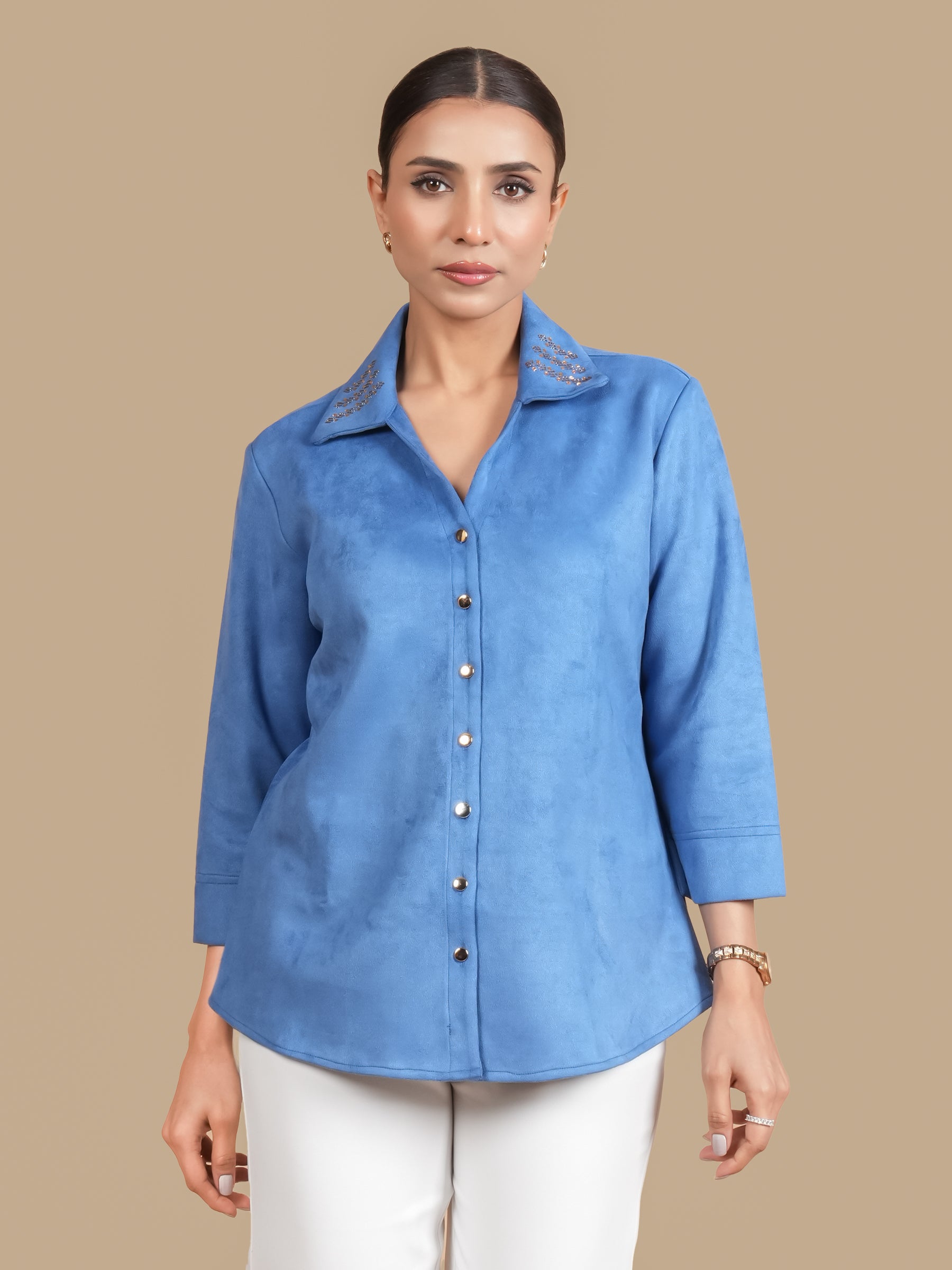 SWAROVSKI COLLAR  AQUA SHIRT