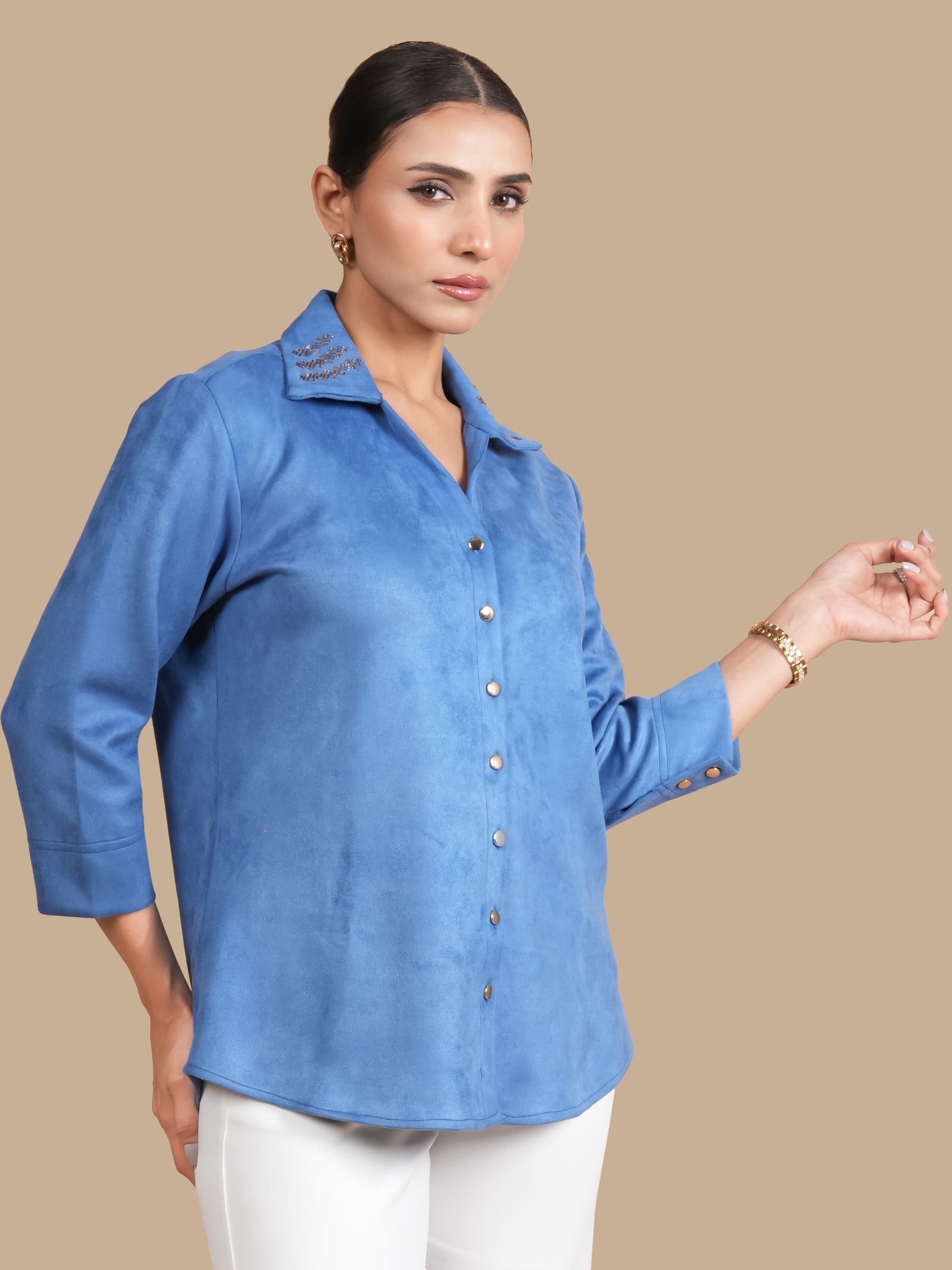 SWAROVSKI COLLAR  AQUA SHIRT