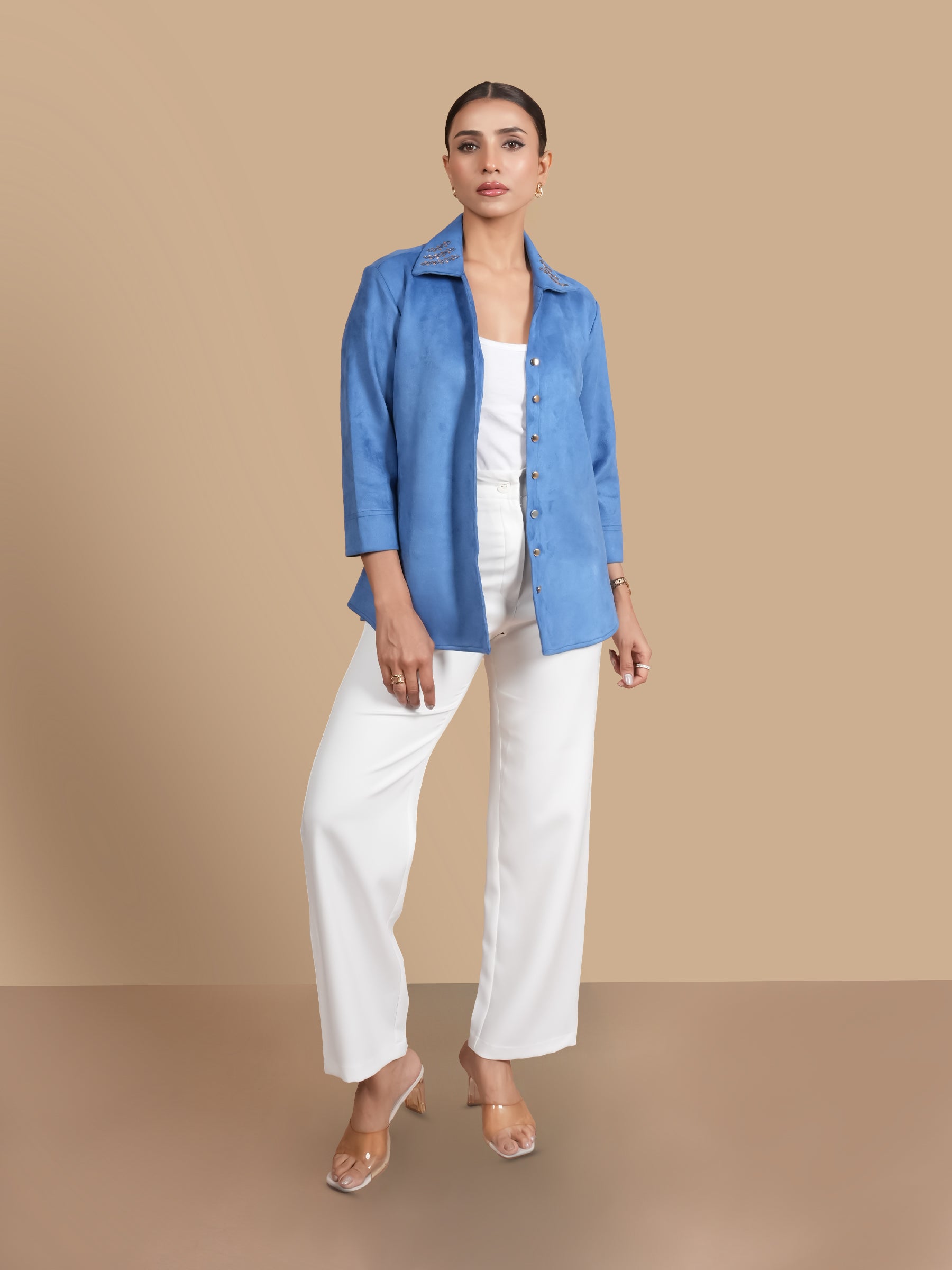 SWAROVSKI COLLAR  AQUA SHIRT