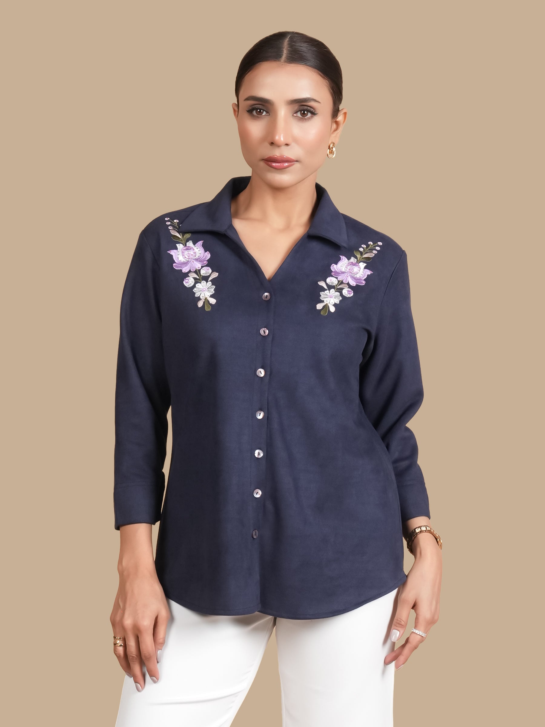 LOTUS CRYSTAL NAVY SUEDE SHIRT
