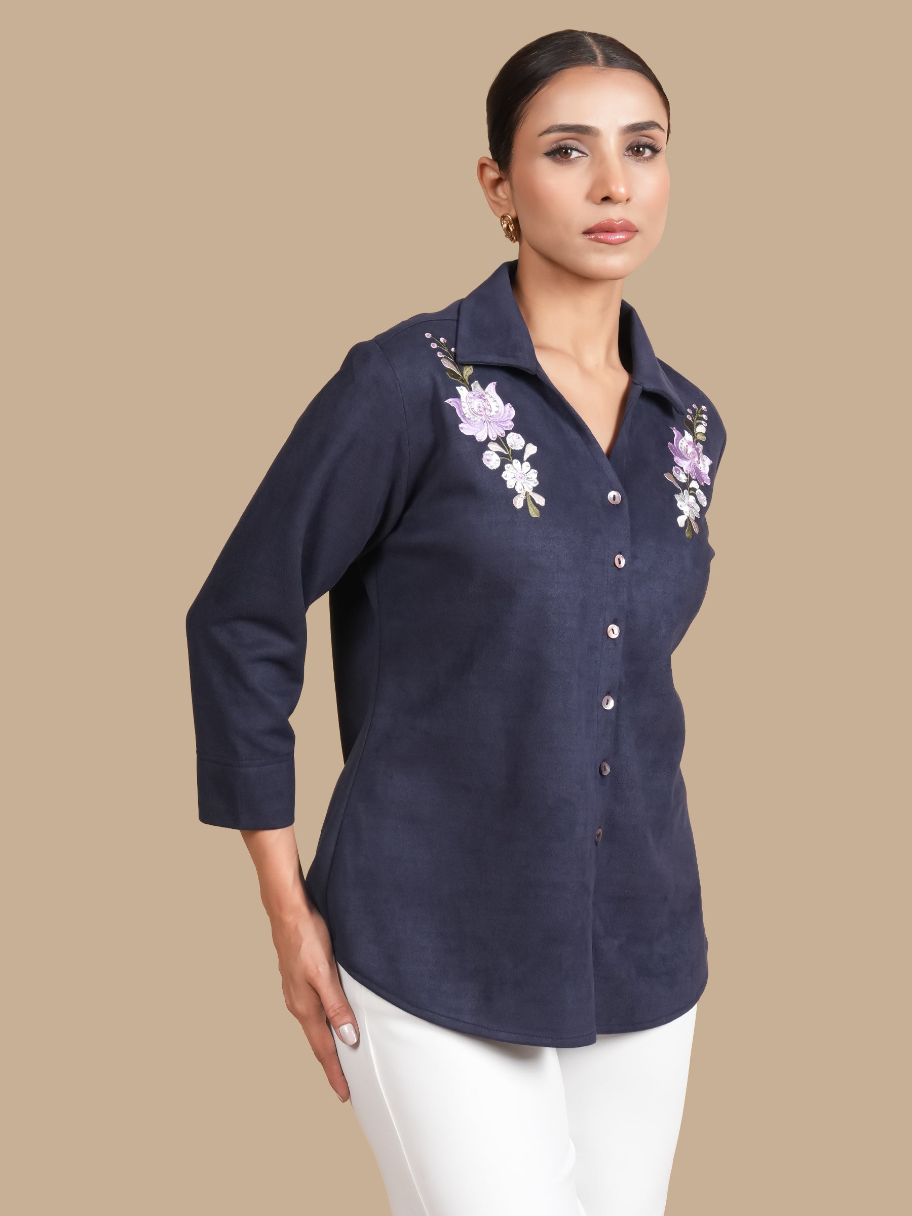 LOTUS CRYSTAL NAVY SUEDE SHIRT