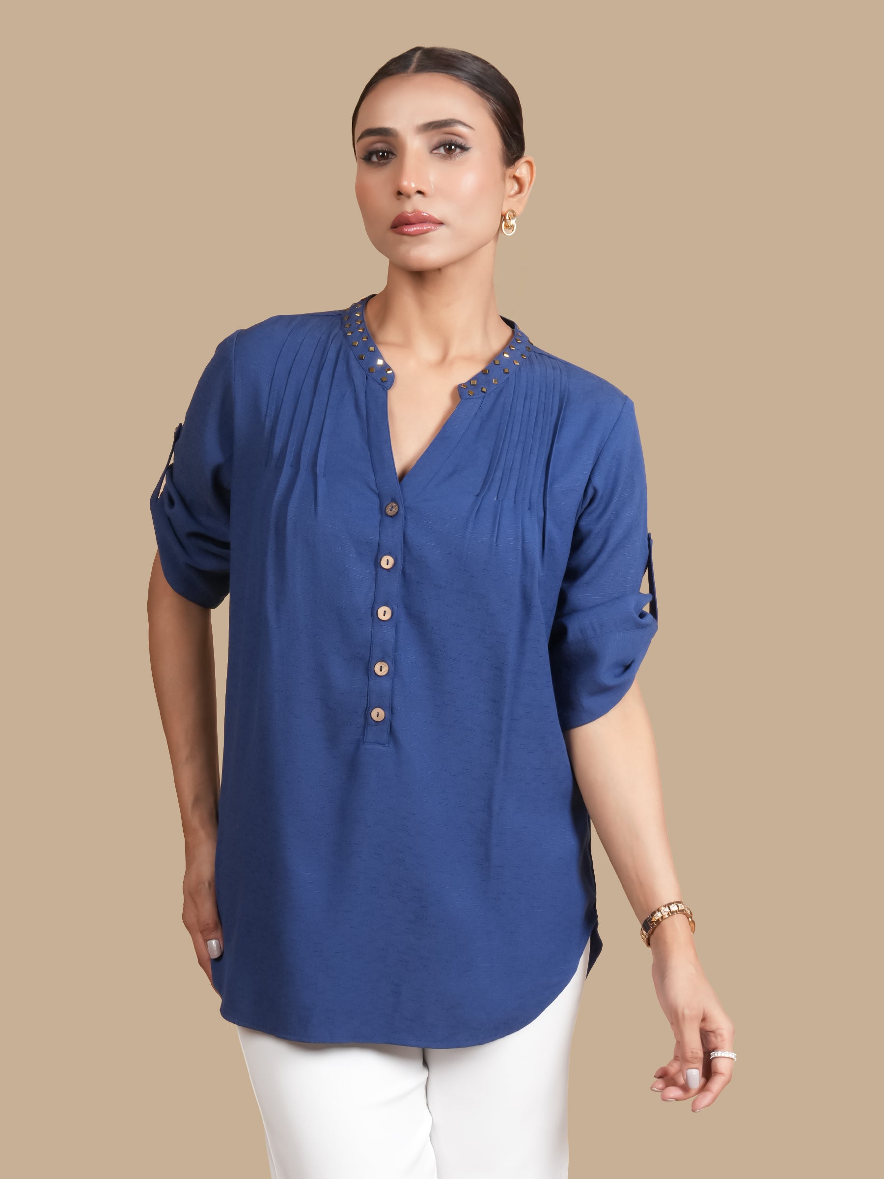 RAYON SLUB PINTUCK  BLUE TOP