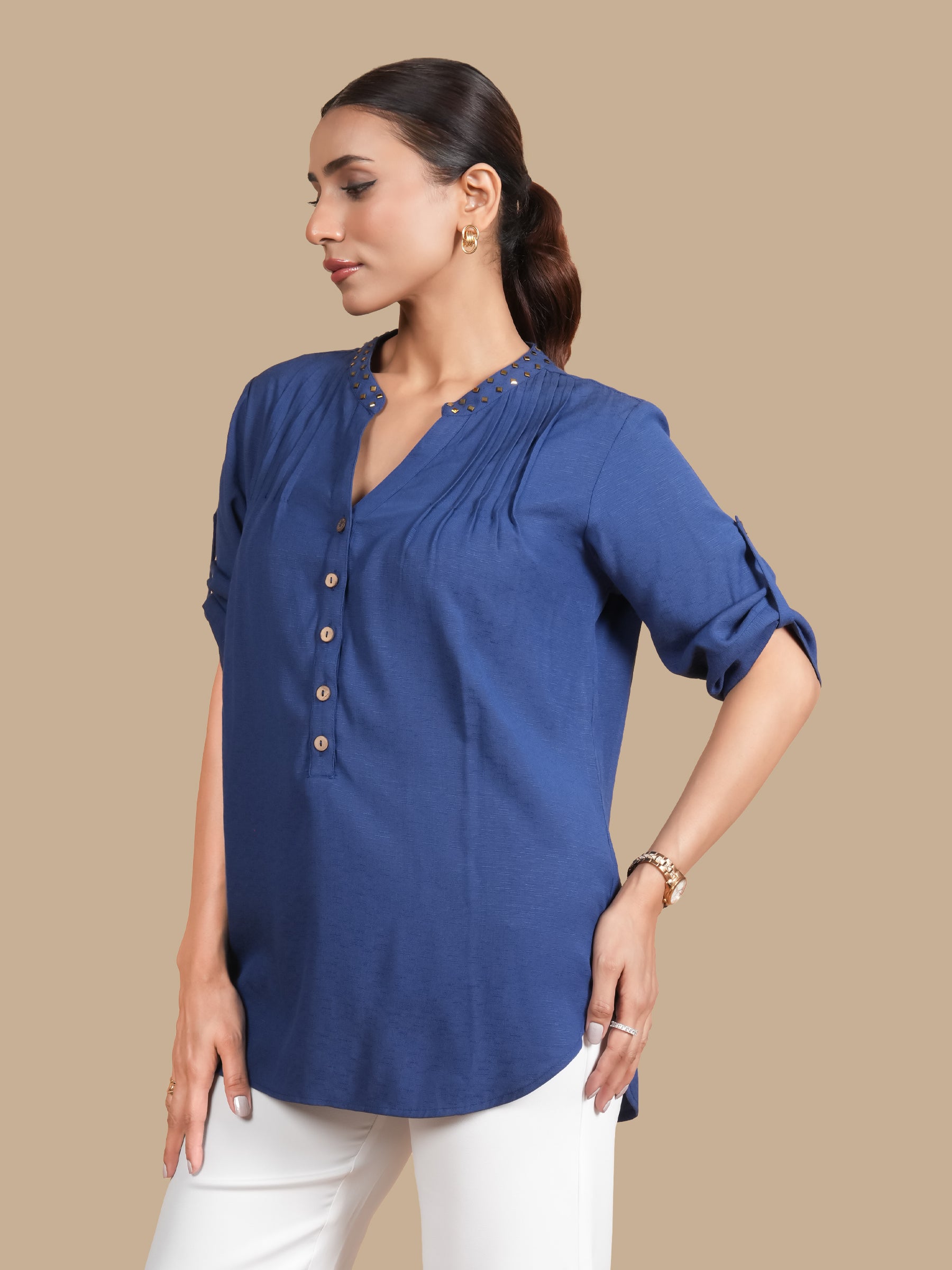 RAYON SLUB PINTUCK  BLUE TOP