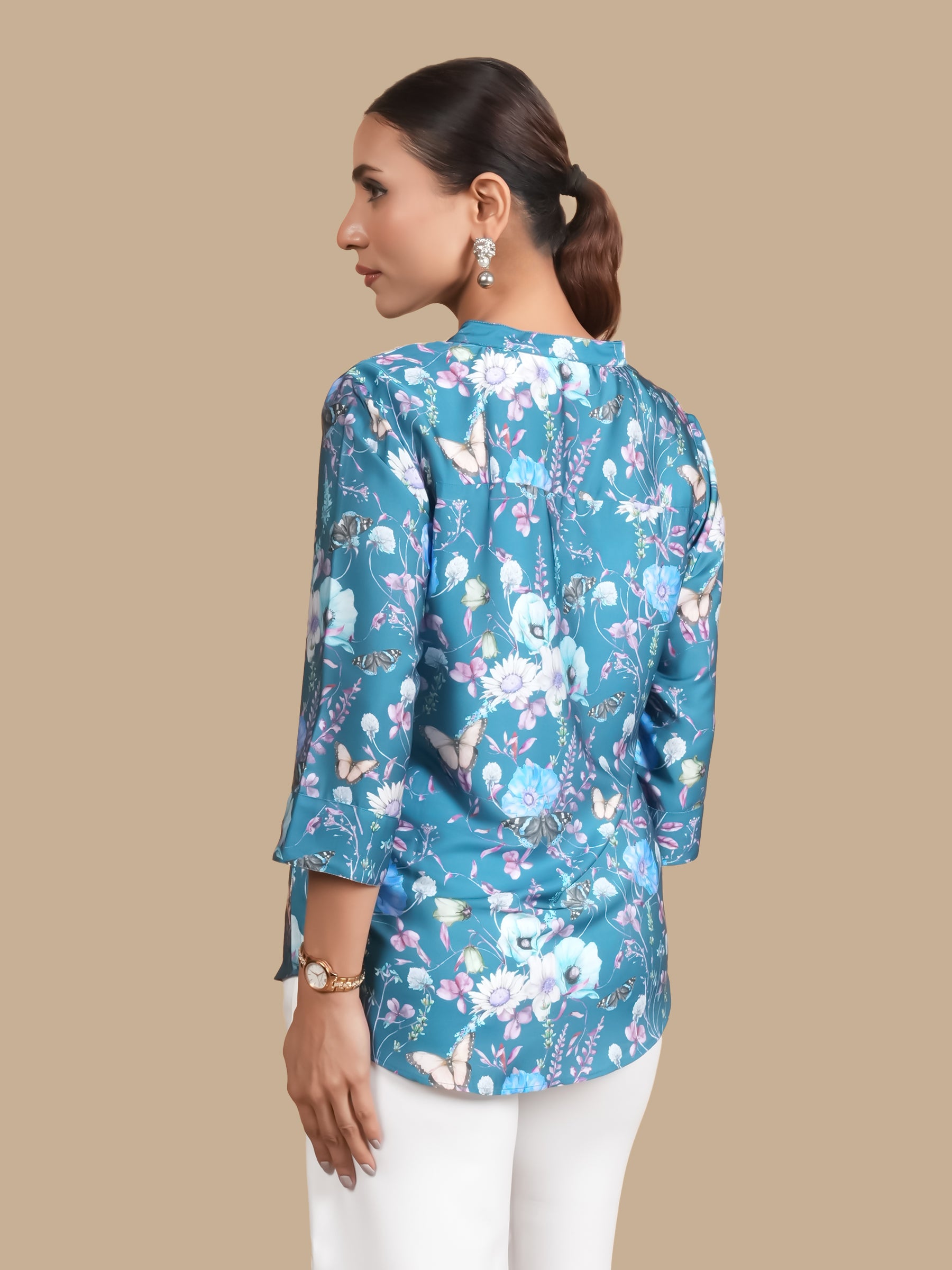 TEAL FLORAL PRINTED  SATIN TOP