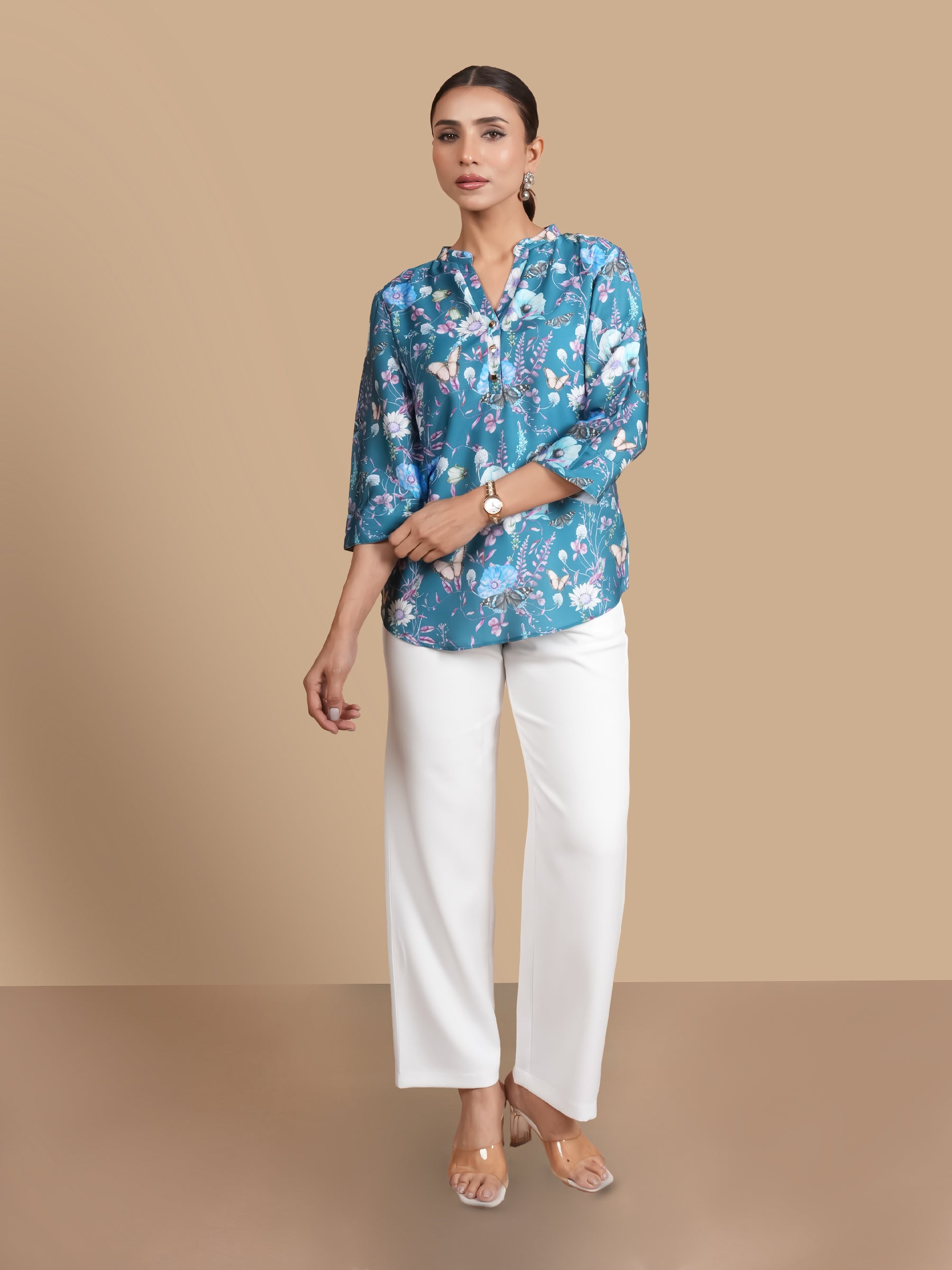 TEAL FLORAL PRINTED  SATIN TOP