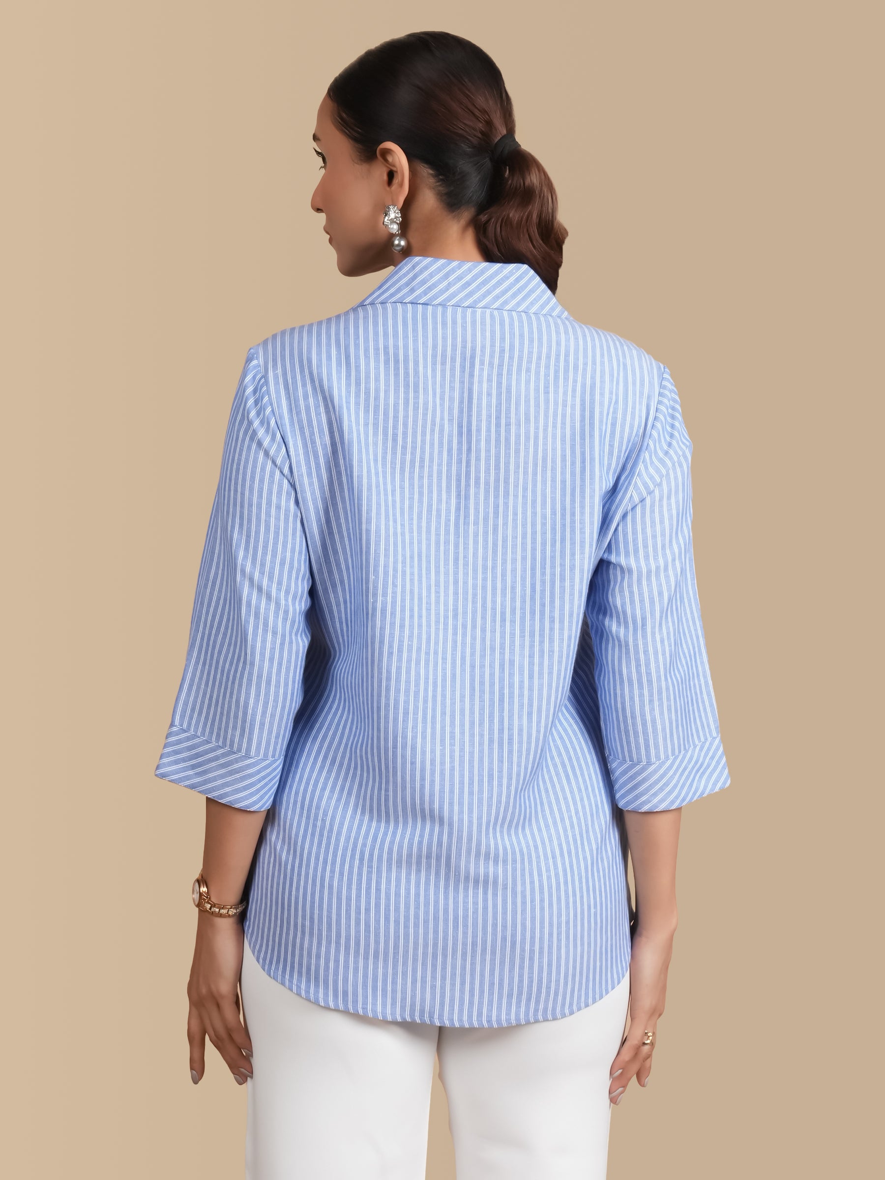 EMBROIDERED COTTON  LINEN INDIGO STRIPE SHIRT