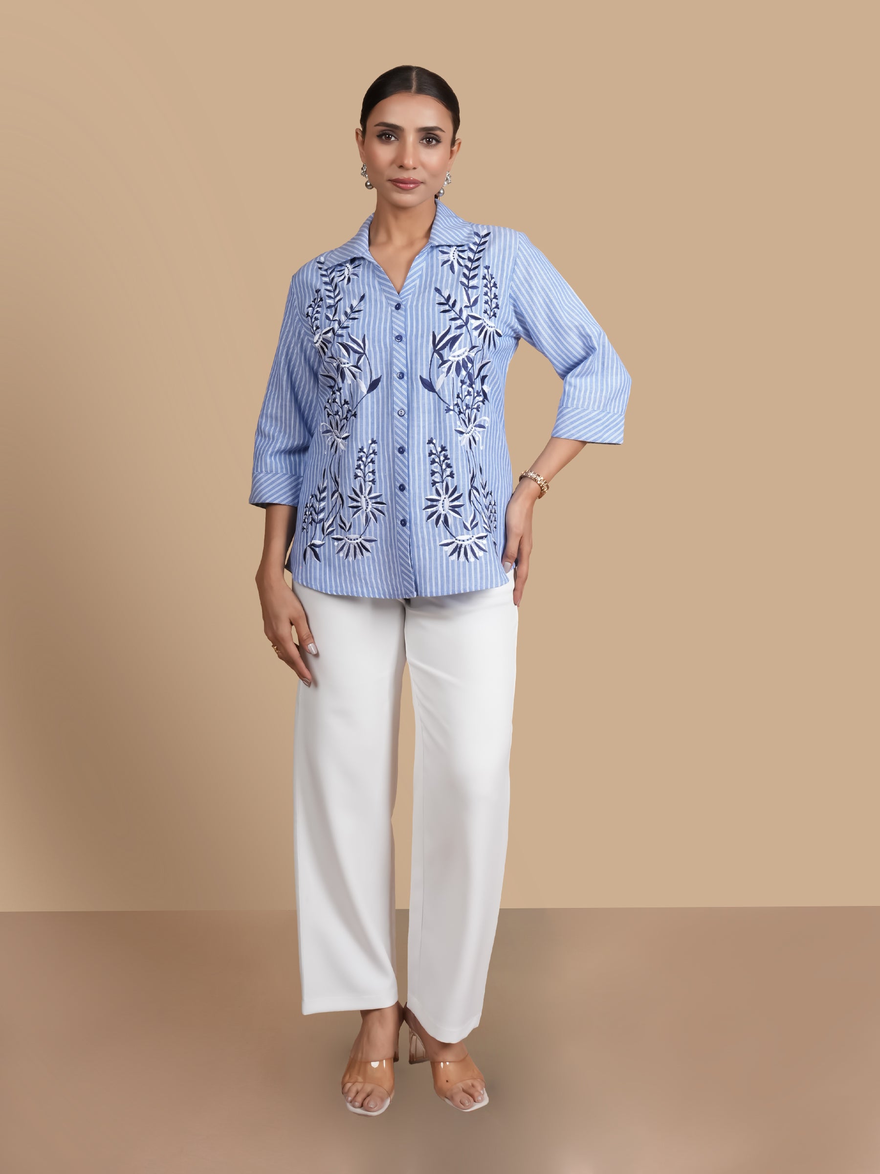 EMBROIDERED COTTON  LINEN INDIGO STRIPE SHIRT