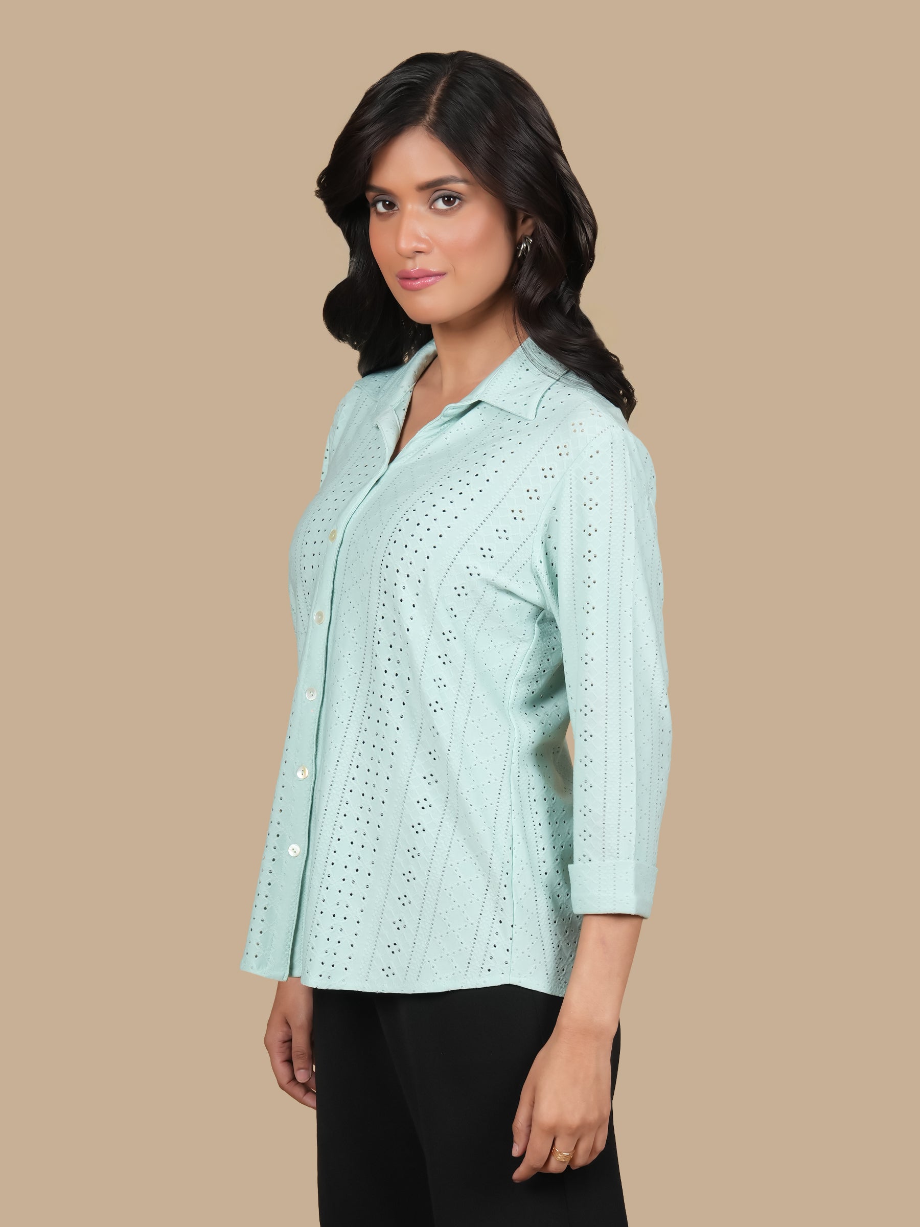 TURQUOISE SCHIFFLI KNIT SHIRT