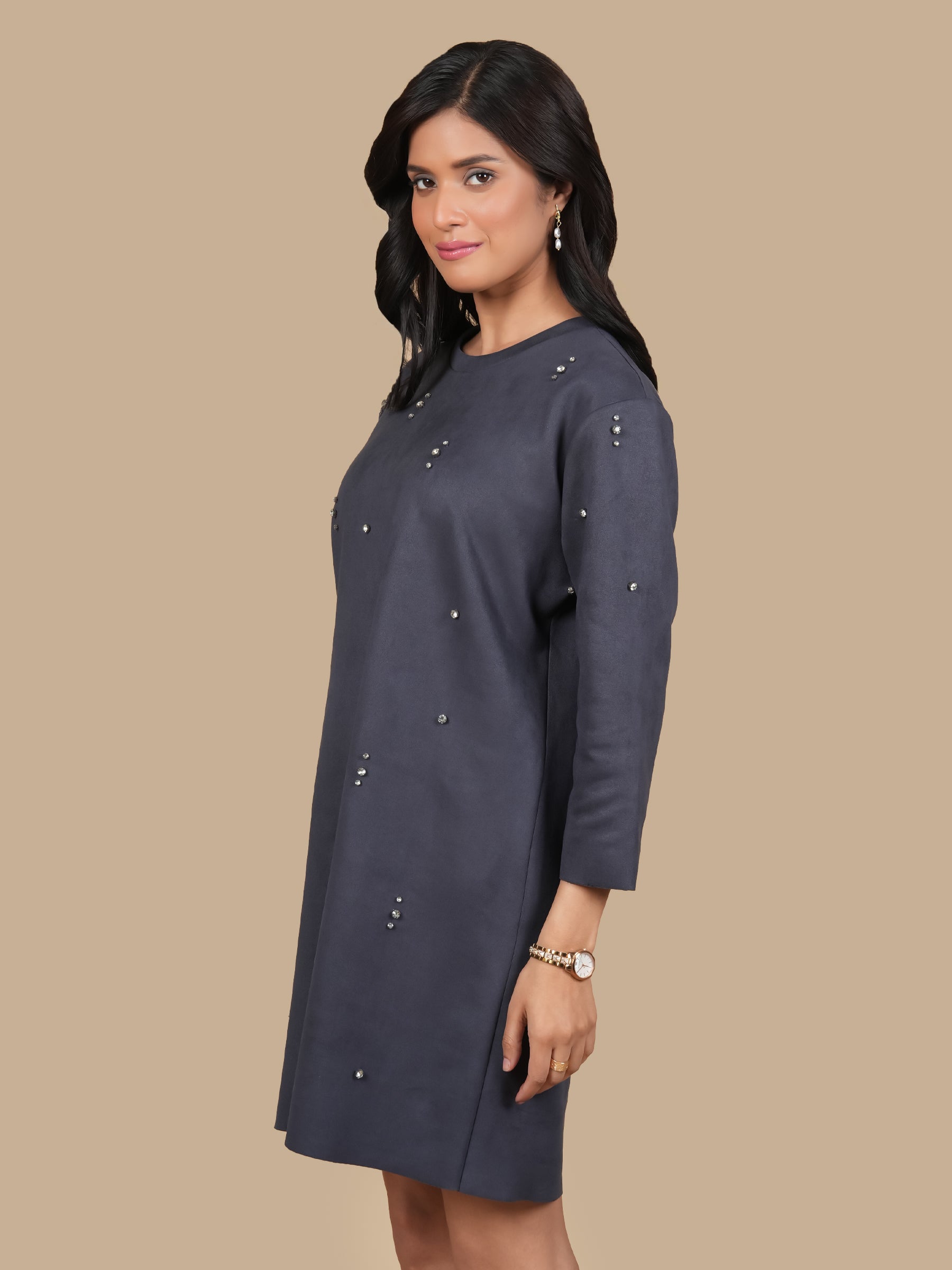 RHINESTONE DARK GREY SUEDE DRESS