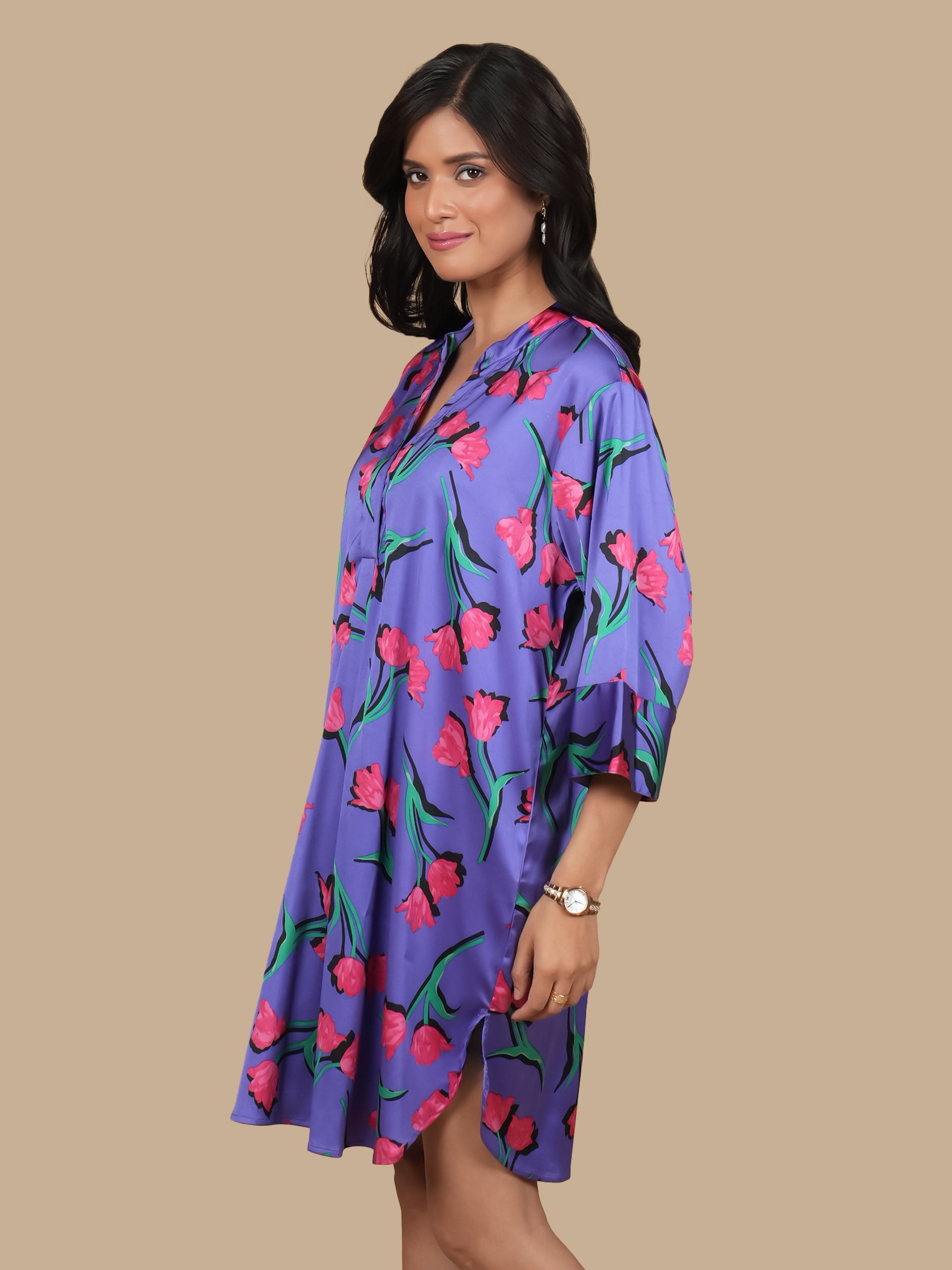 TULIP PRINT SATIN DRESS
