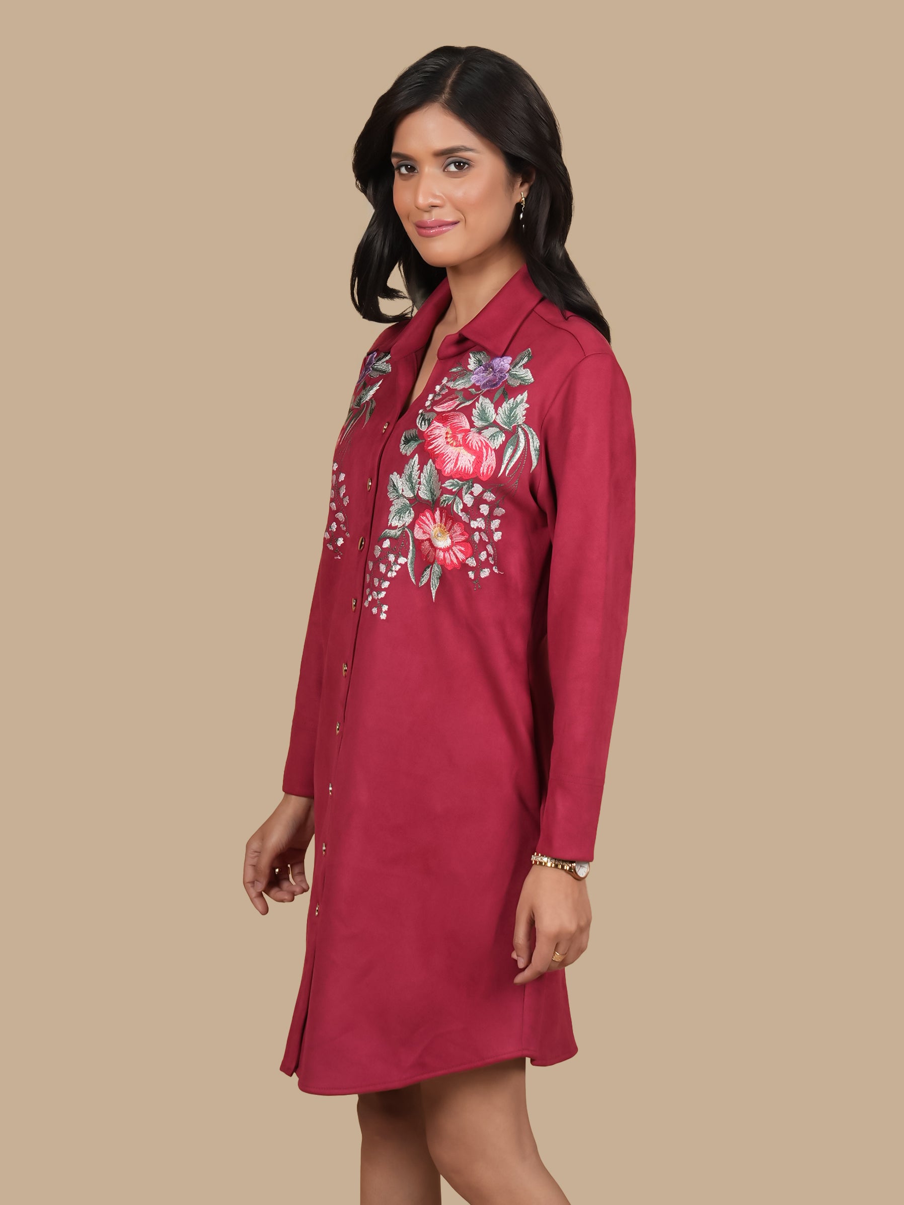 MAROON MEADOW EMBROIDERED SHIRT DRESS