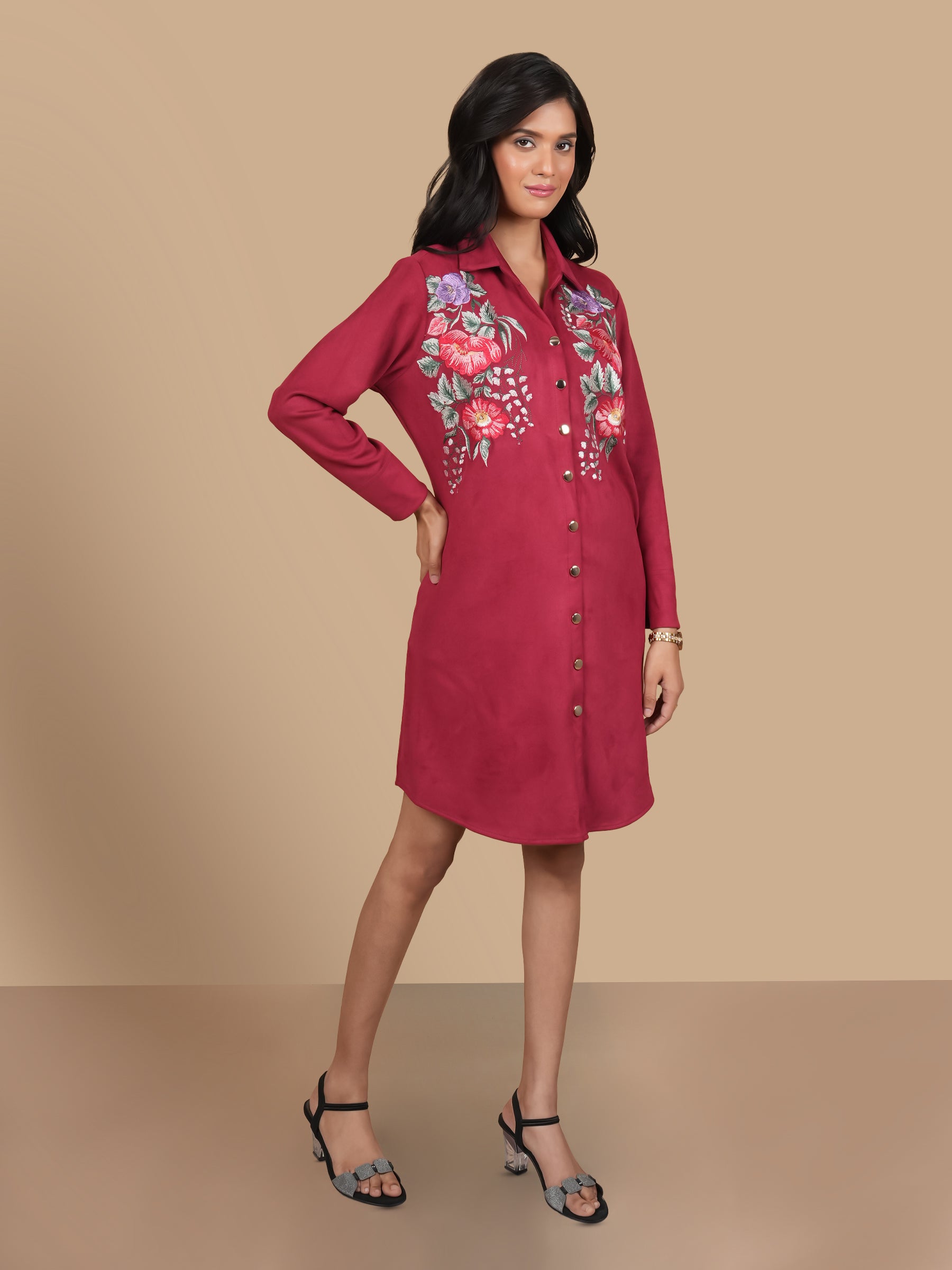 MAROON MEADOW EMBROIDERED SHIRT DRESS