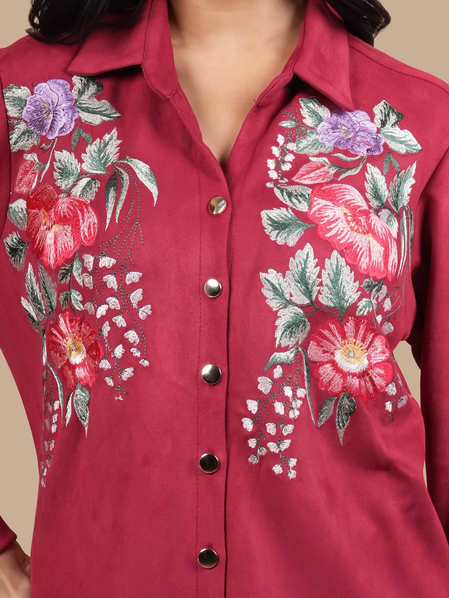 MAROON MEADOW EMBROIDERED SHIRT DRESS