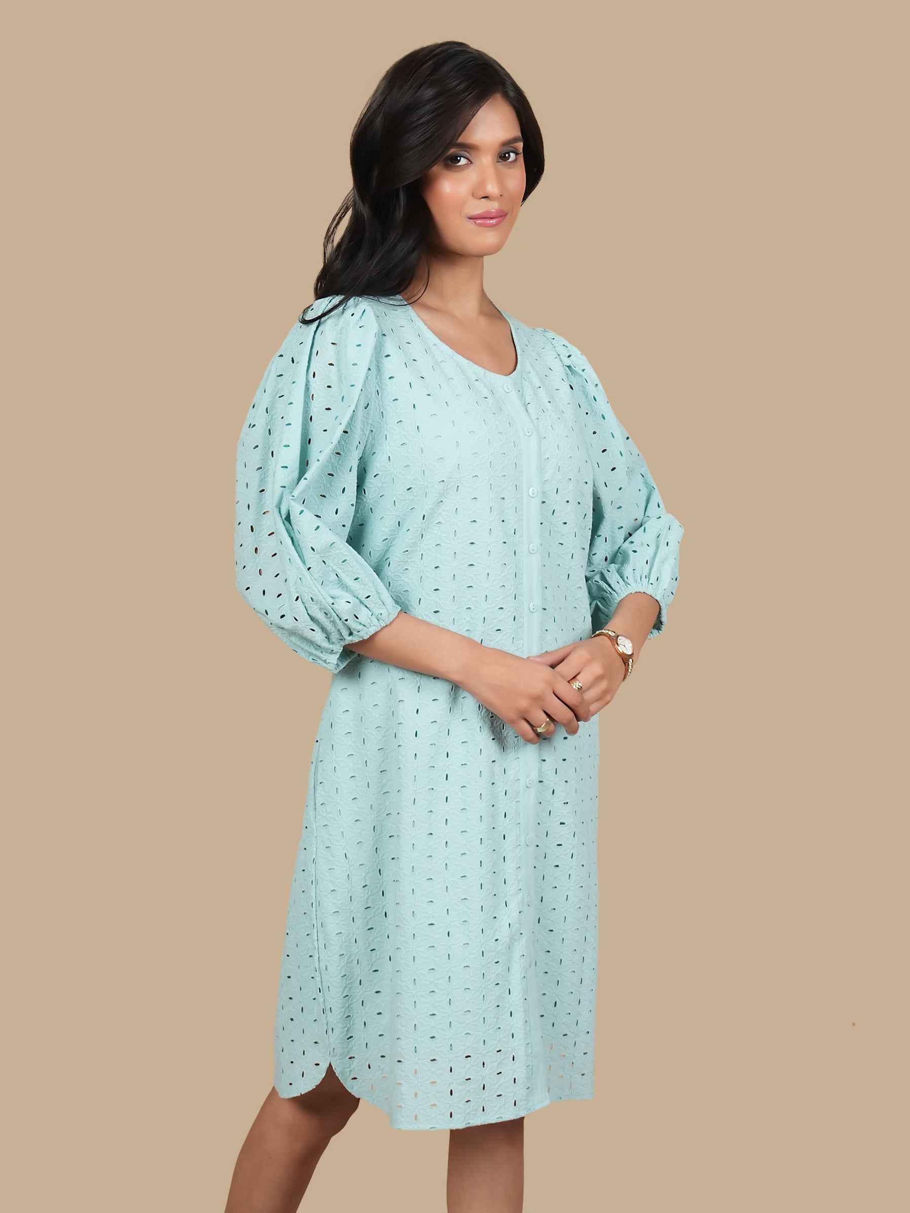 MINT SCHIFFLI PUFF SLEEVE DRESS