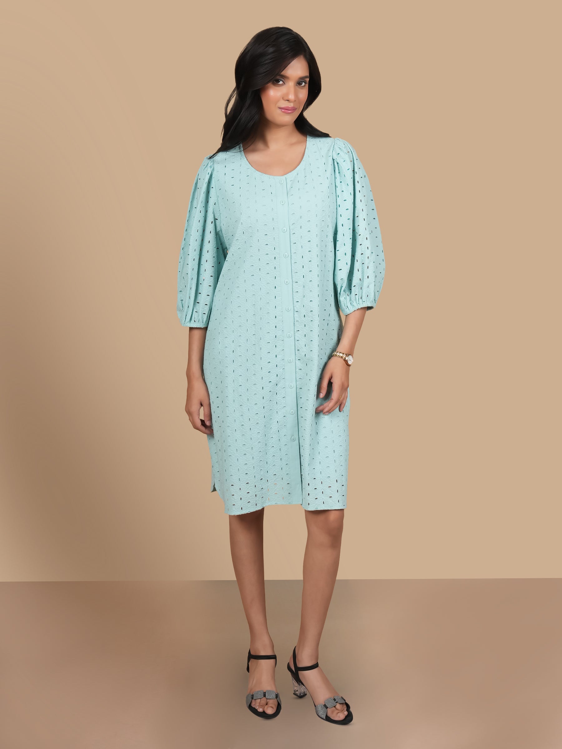 MINT SCHIFFLI PUFF SLEEVE DRESS