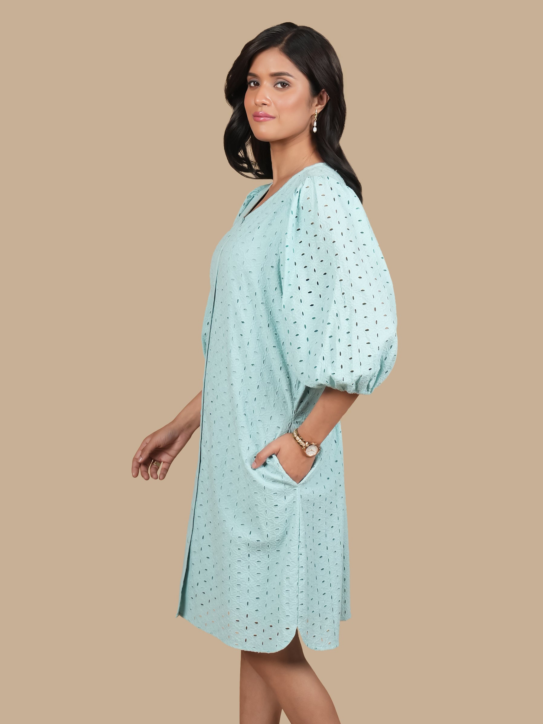 MINT SCHIFFLI PUFF SLEEVE DRESS