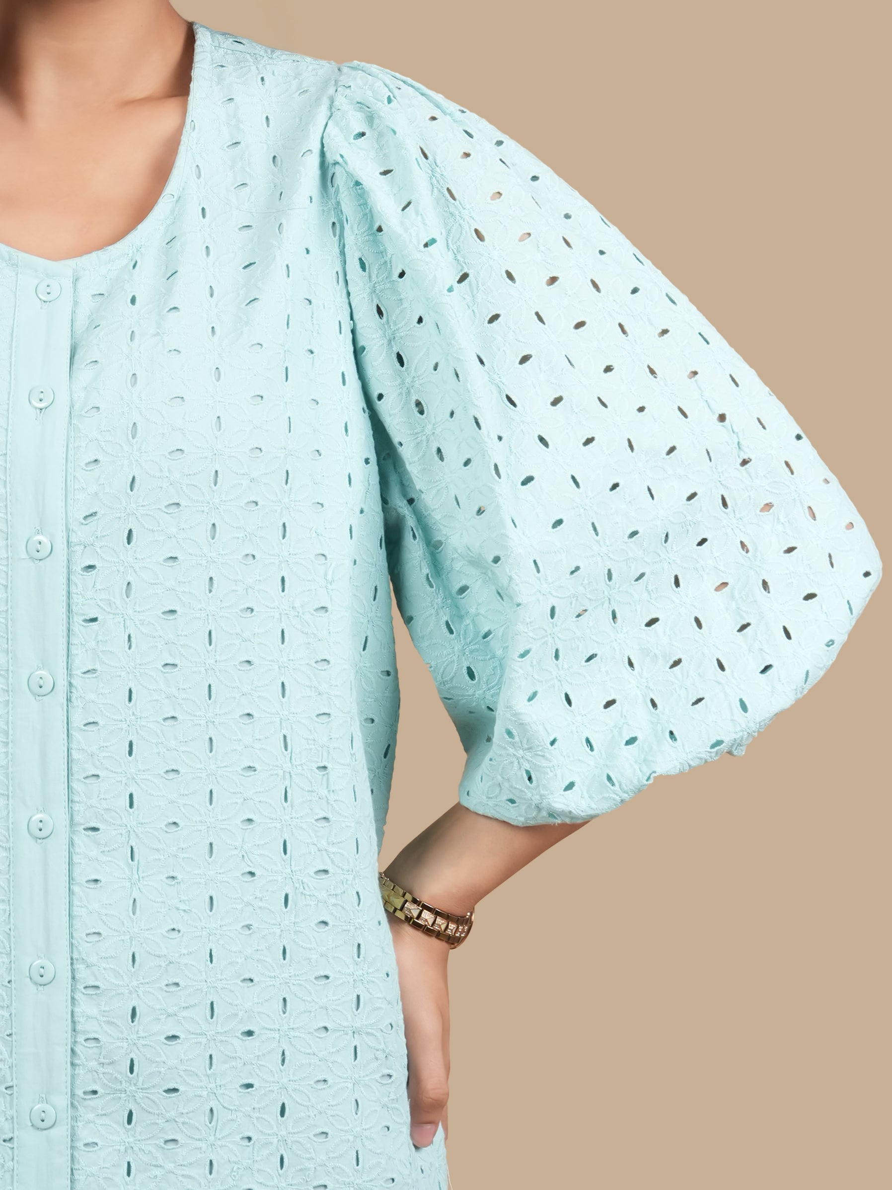 MINT SCHIFFLI PUFF SLEEVE DRESS