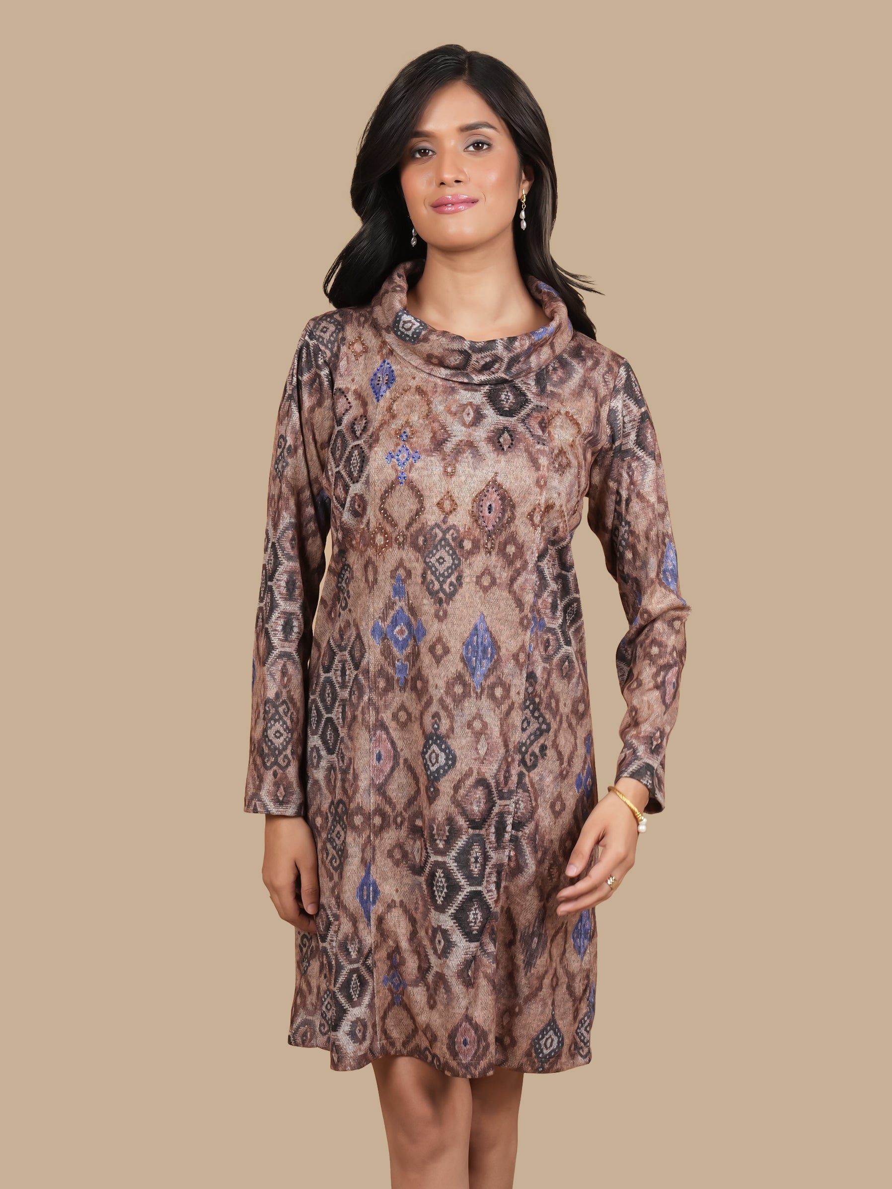 ANGORA COWL NECK   SWAROSVKI BROWN DRESS