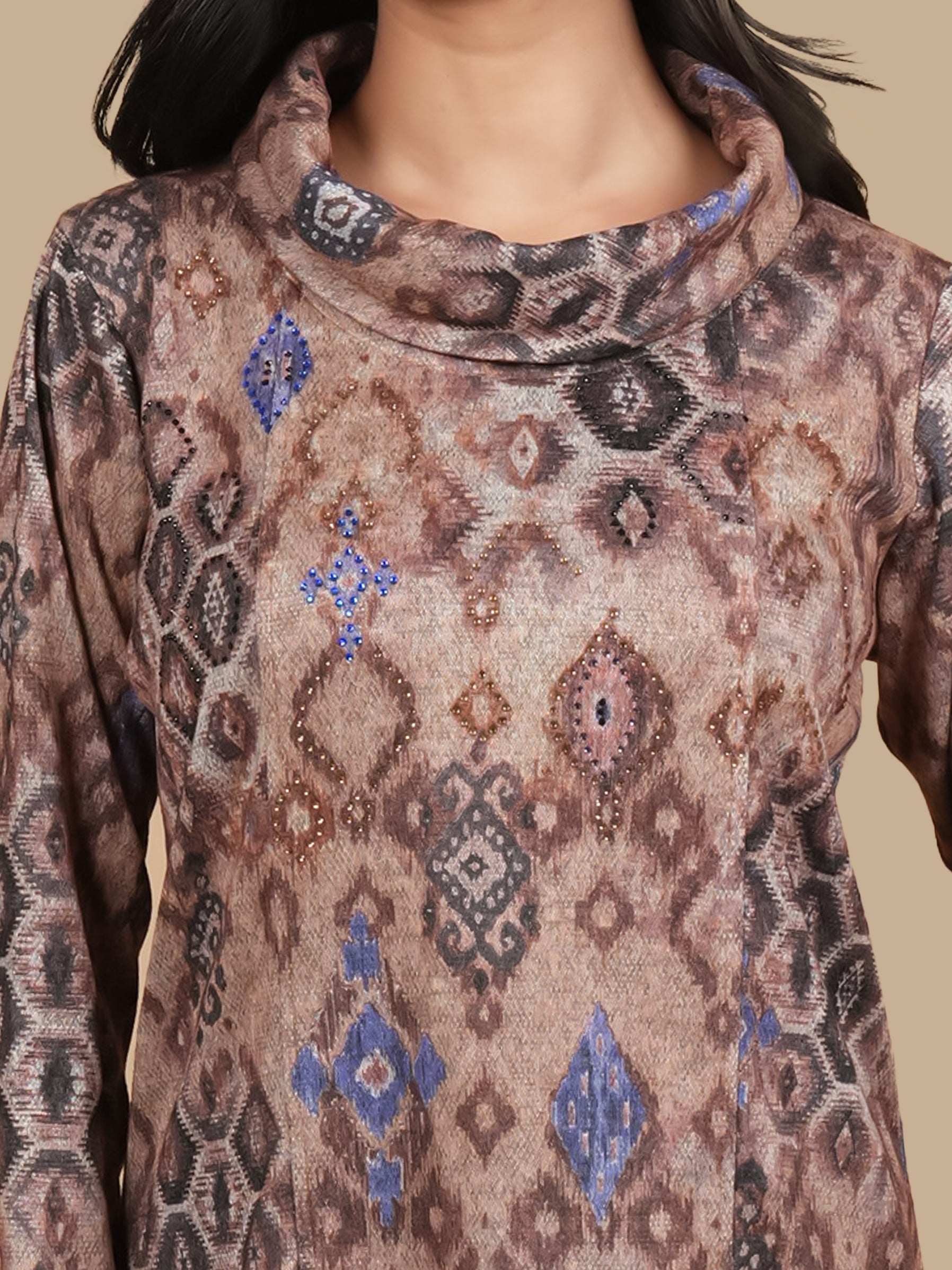 ANGORA COWL NECK   SWAROSVKI BROWN DRESS