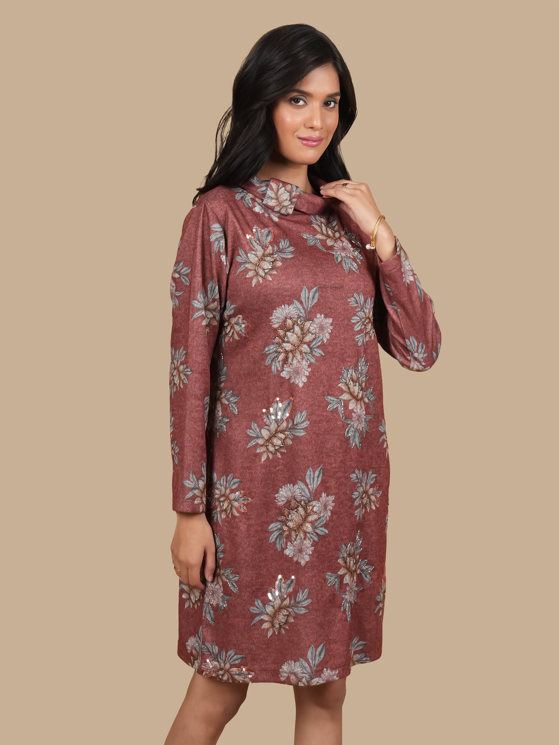 ANGORA HAND  EMBELLISHED RUST DRESS