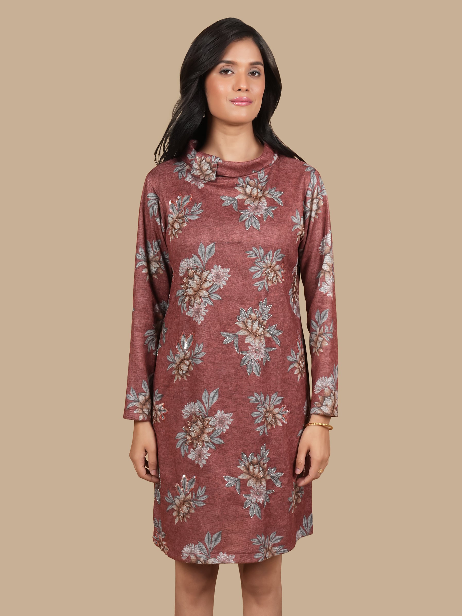 ANGORA HAND  EMBELLISHED RUST DRESS