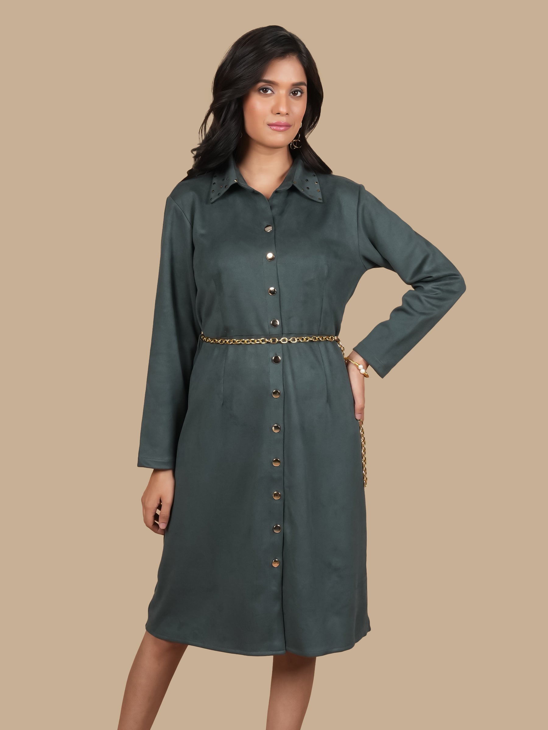 BOTTLE GREEN SWAROSVKI  SUEDE DRESS